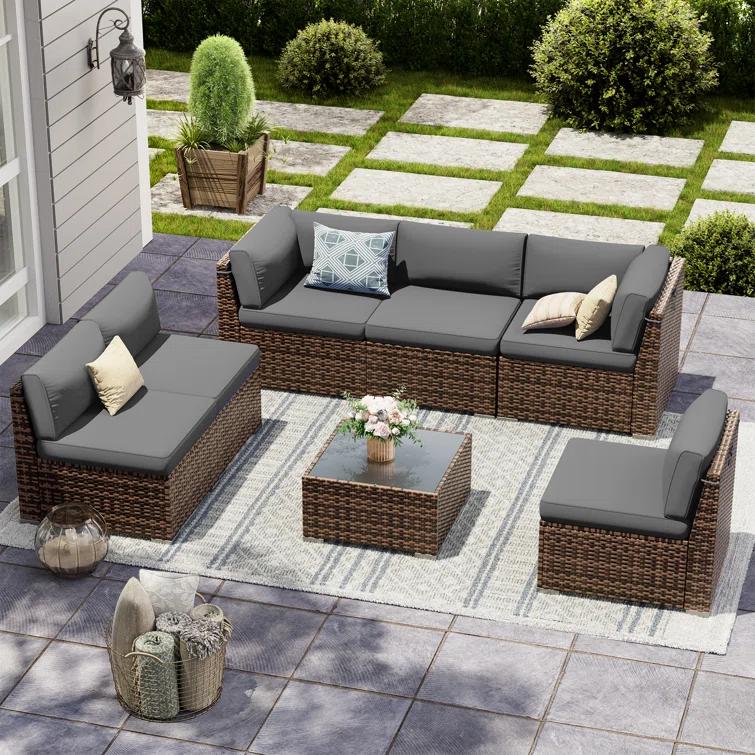6 person Rattan Sectional Seating Group with Cushions