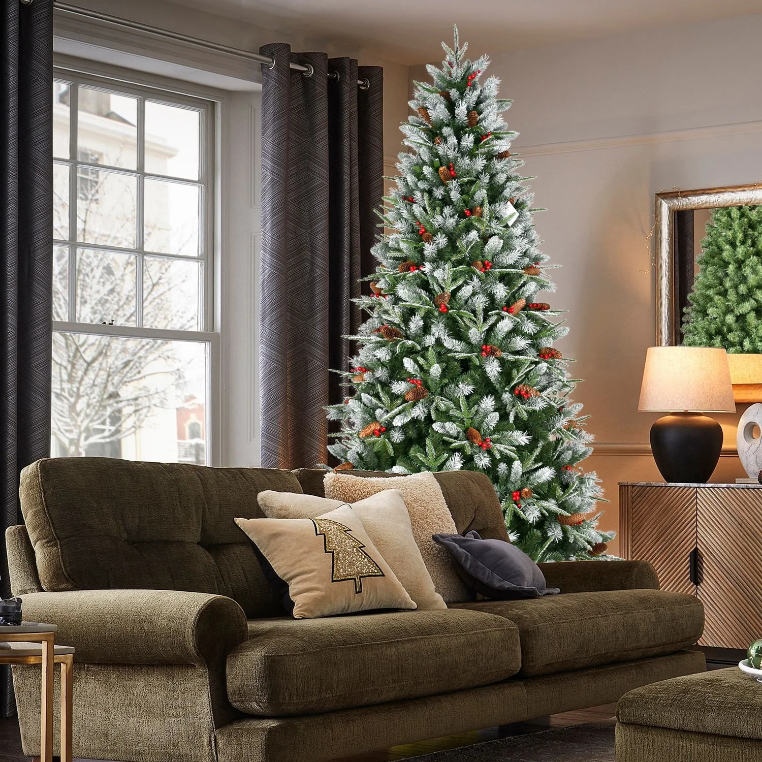 Realistic Artificial Christmas Tree 7.5ft or 8ft Snow-Sprayed with Hinged Branches and Metal Stand Ideal for Indoor Use