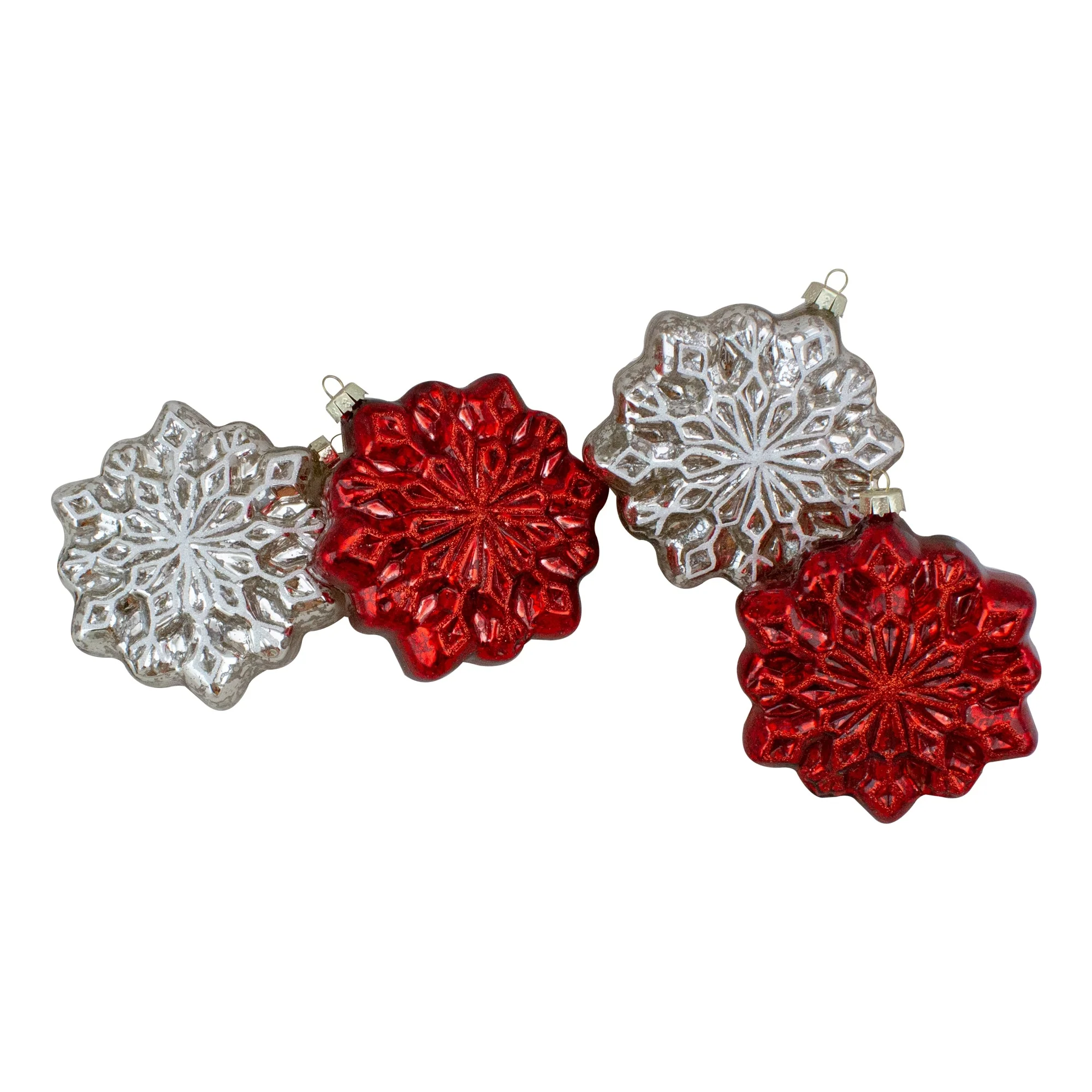 4ct Red Silver Glass Snowflake Christmas Decorations 3.75-