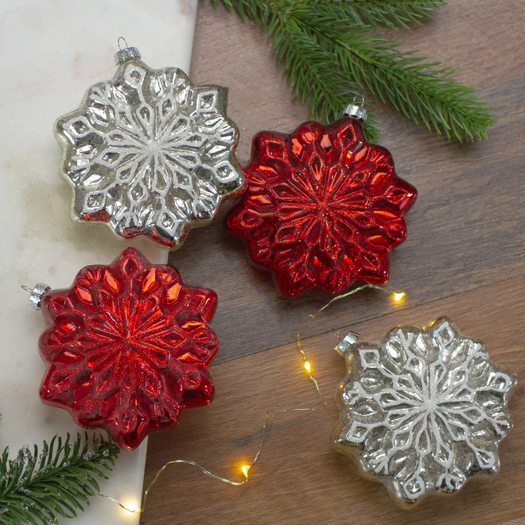 4ct Red Silver Glass Snowflake Christmas Decorations 3.75-