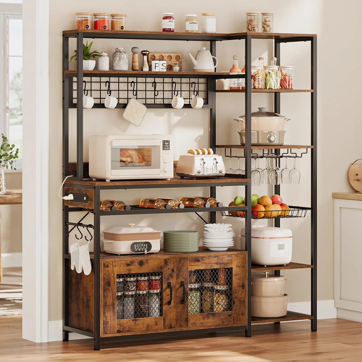 47.2 in Bakers Rack with Power Outlet Coffee Bar with Cabinet