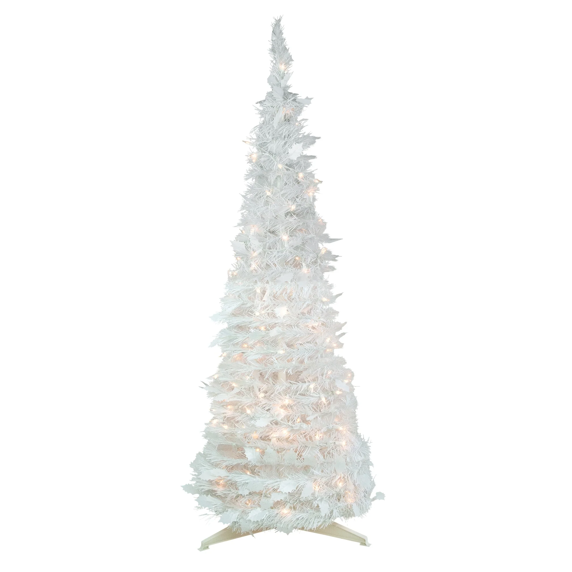 6' Pre-Lit White Tinsel Pop-Up Artificial Christmas Tree, Clear Lights - 6 Foot