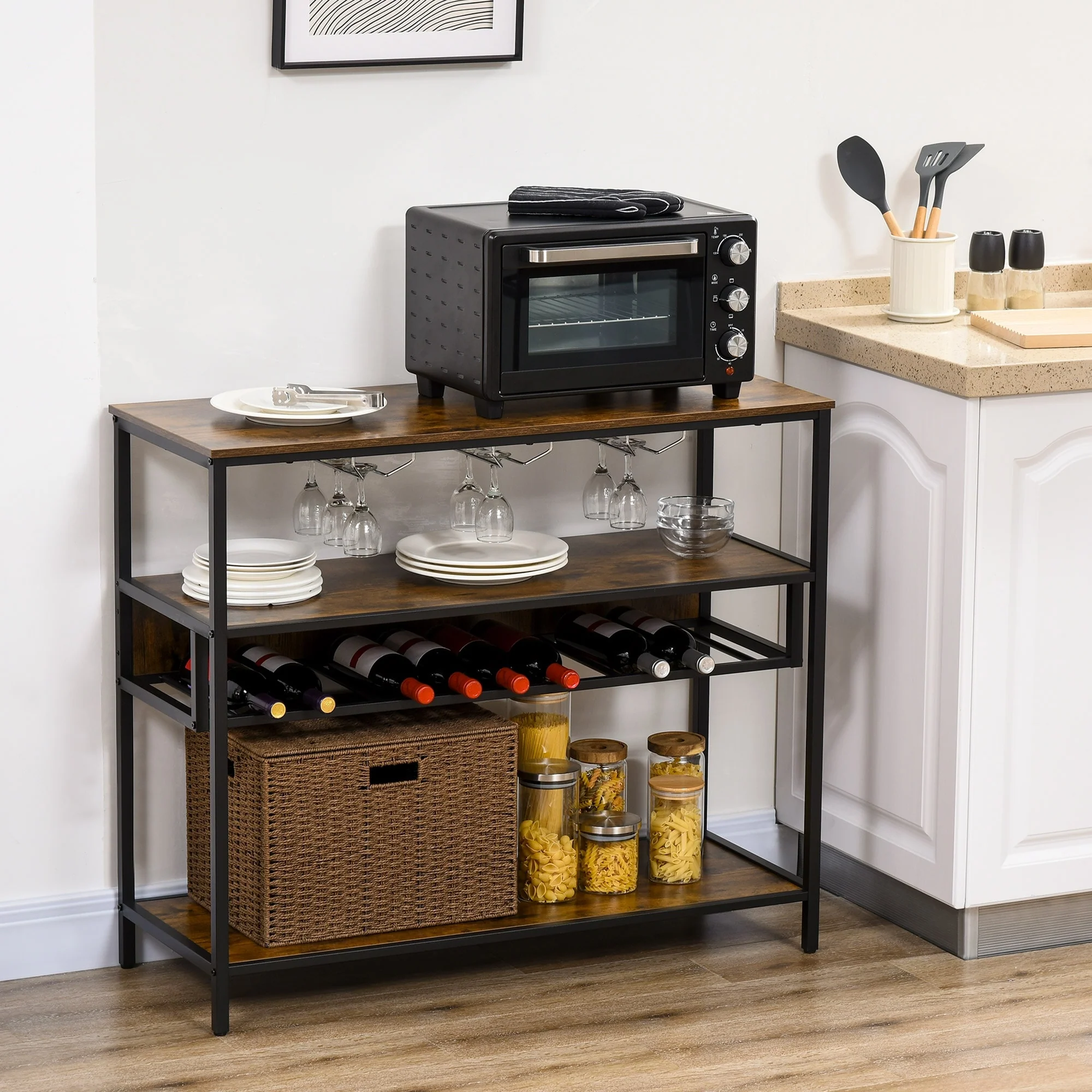 HOMCOM Industrial Wine Rack with 11-Bottles Holder, Free Standing Wine Shelf with Glass Holders, Dark Brown
