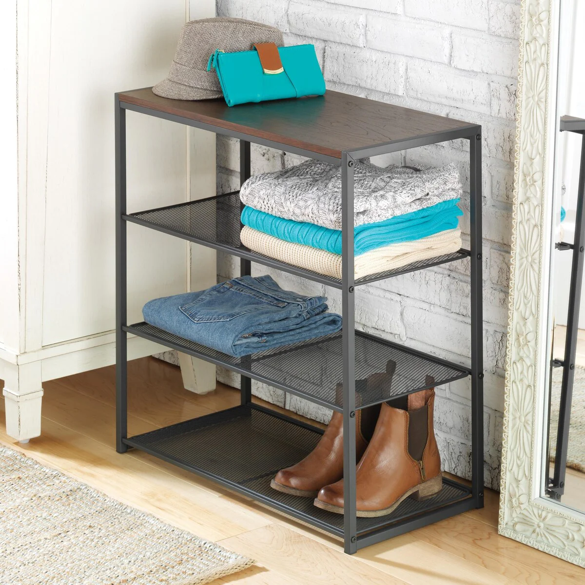 Whitmor 4-Tier Wood & Metal Mesh Shelf