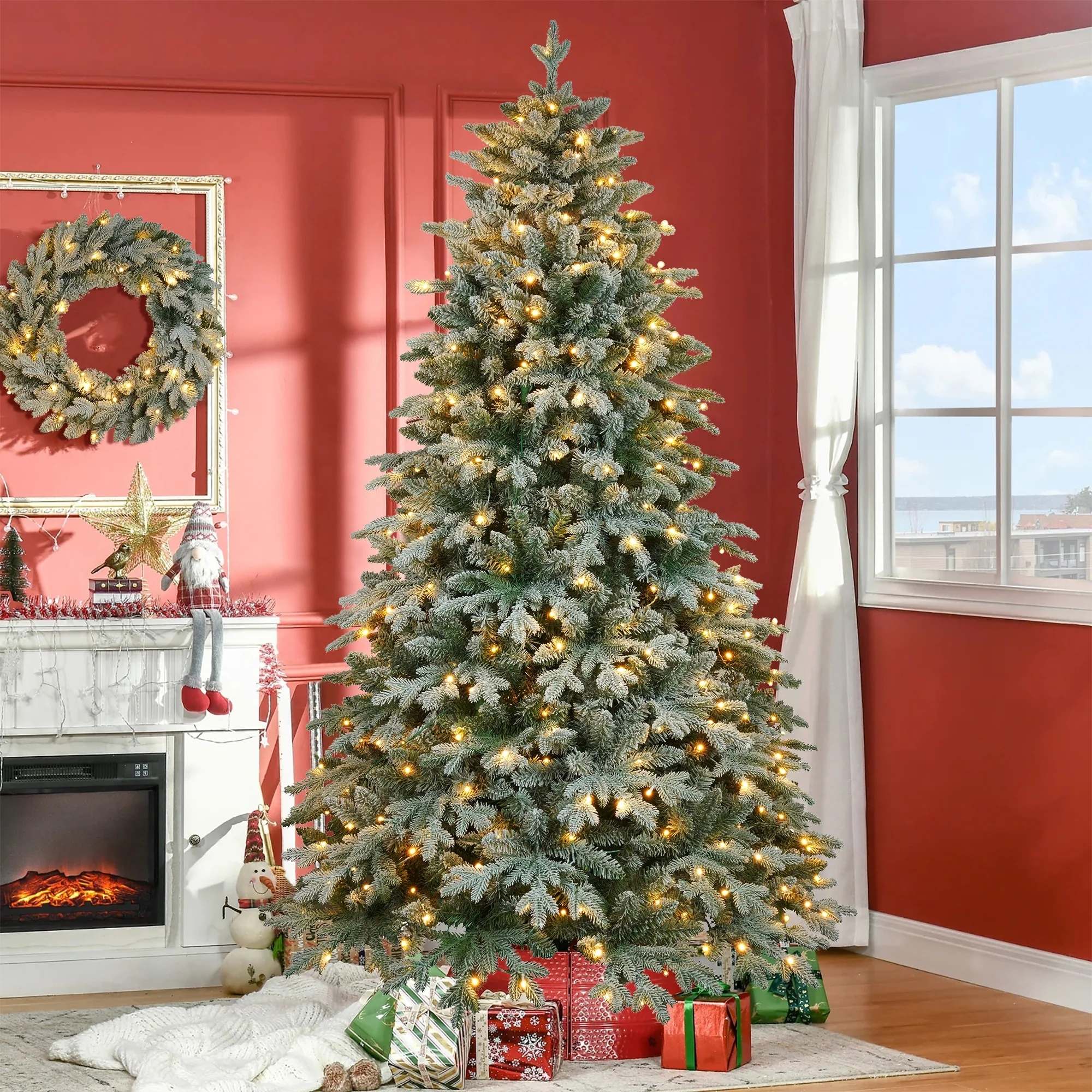 7ft Artificial Christmas Tree with 380 LED Lights, Wreath Set for Home Decor
