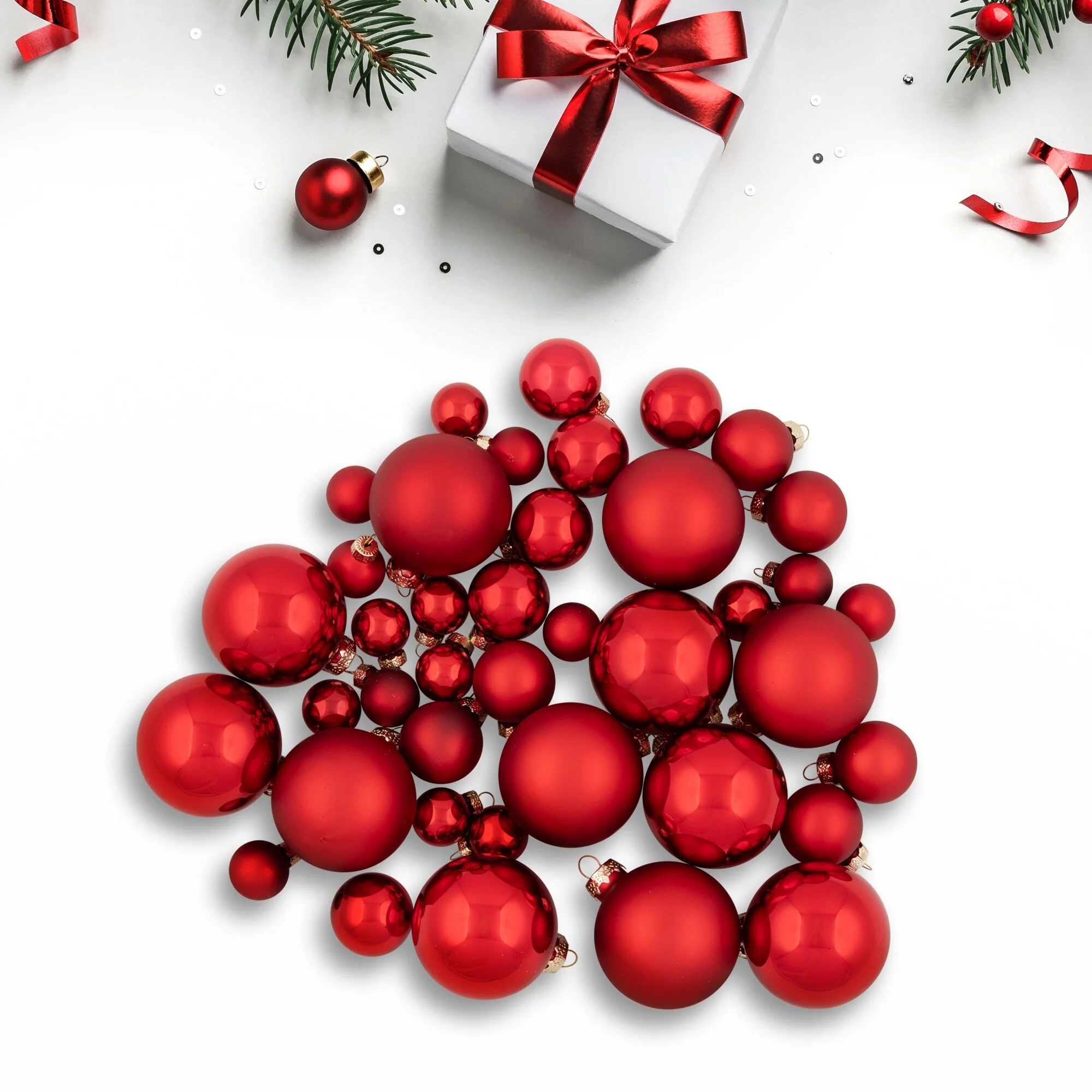 40ct Shiny Glitter Matte Red Glass Ball Christmas Ornament Set 1