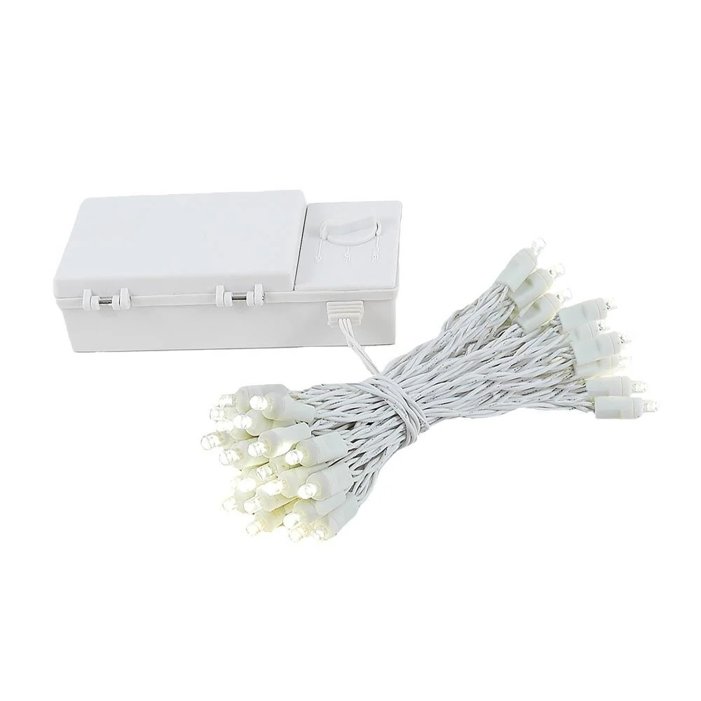 50 Light LED Battery Christmas Mini Light Set, White Wire, 18' Long