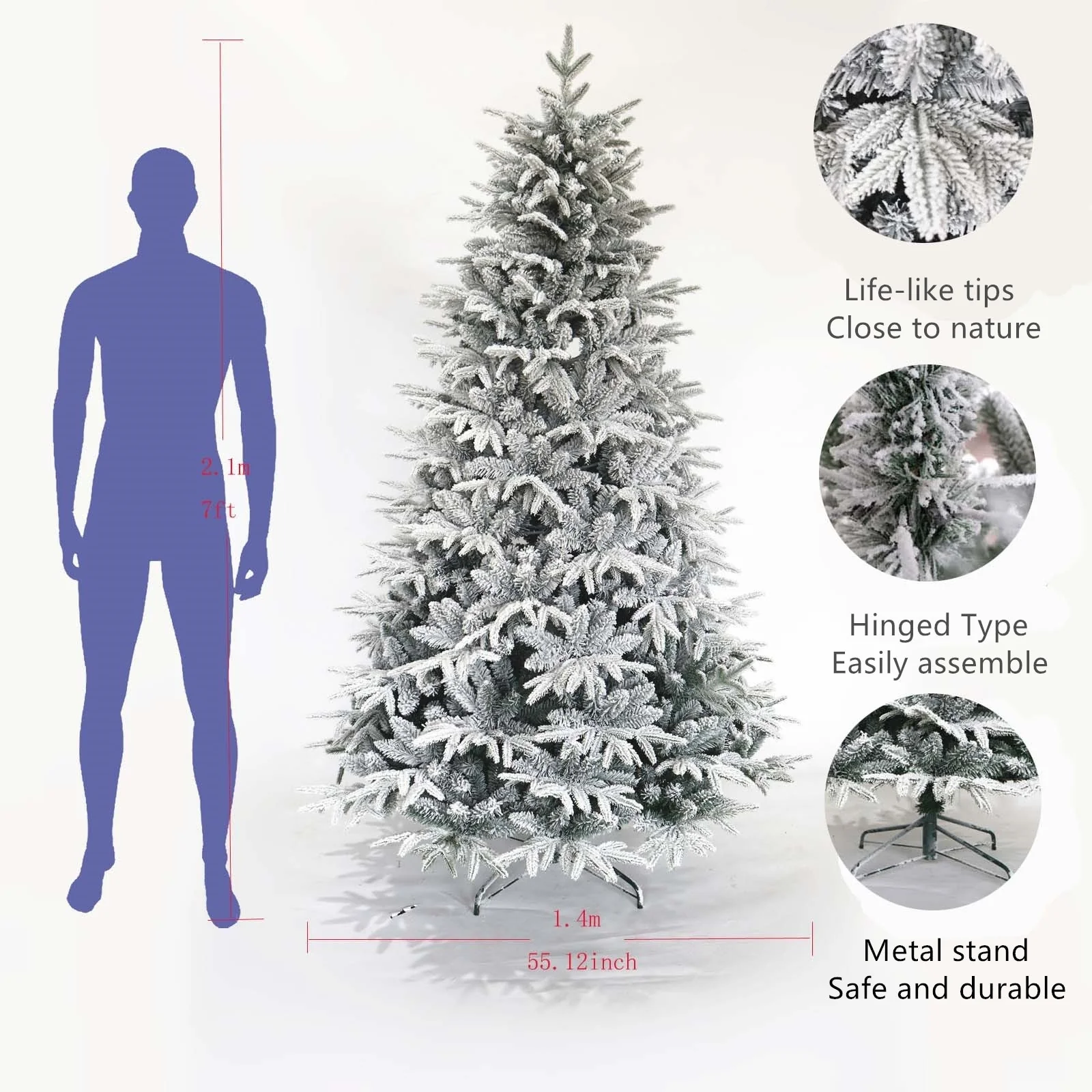 Hinged 7ft Snow Flocked Christmas Tree with Sturdy Metal Stand for Indoor and Commercial Use