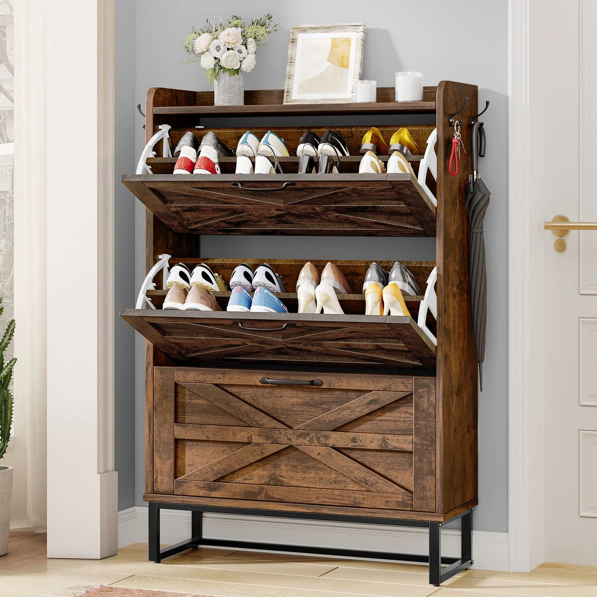 Moasis Farmhouse Flip Shoe Cabinet Shoe Storage Cabinet with 3 Flip Doors Adjustable Shelf - 31.4