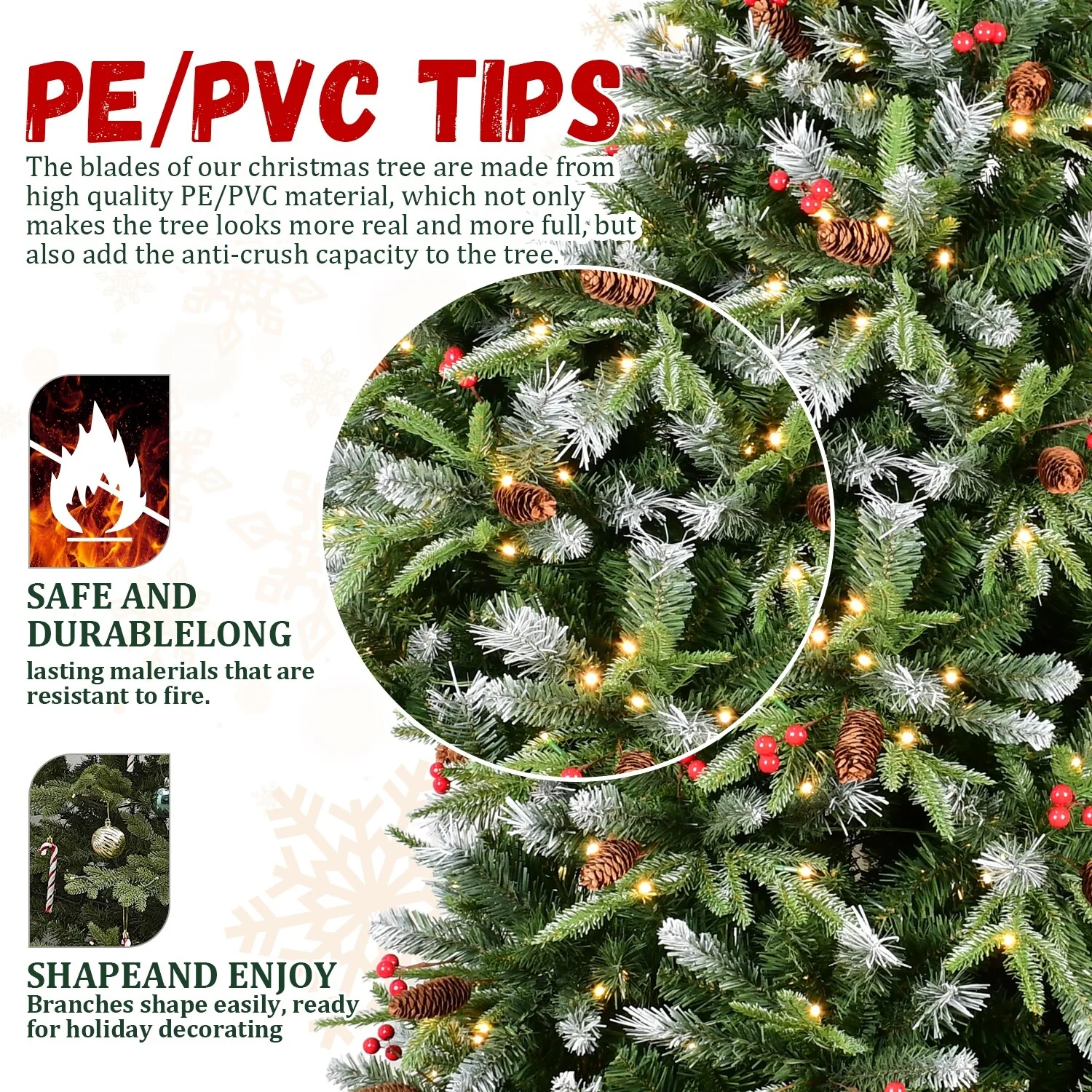 5FT Christmas Tree with 250 Warm White LED Lights-1131 Snow-Tipped PE+PVC Branches, Red Berries&Pine Cones,Hinged Design