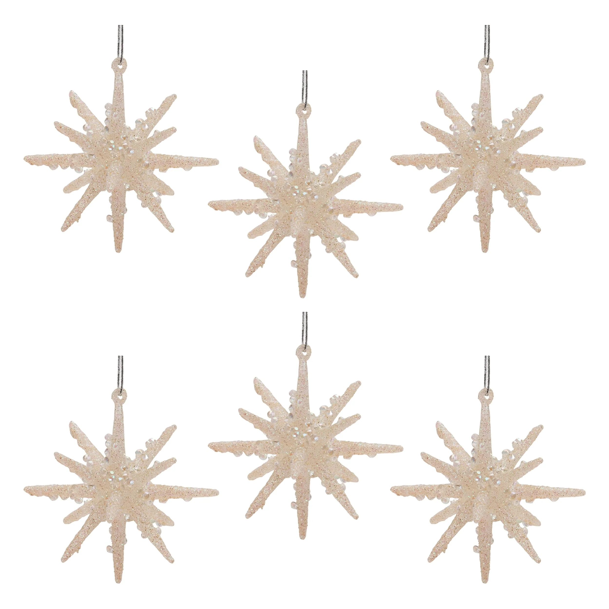 Set of 6 Glass Star Ornaments with Glitter for Christmas Tree Decor - 3