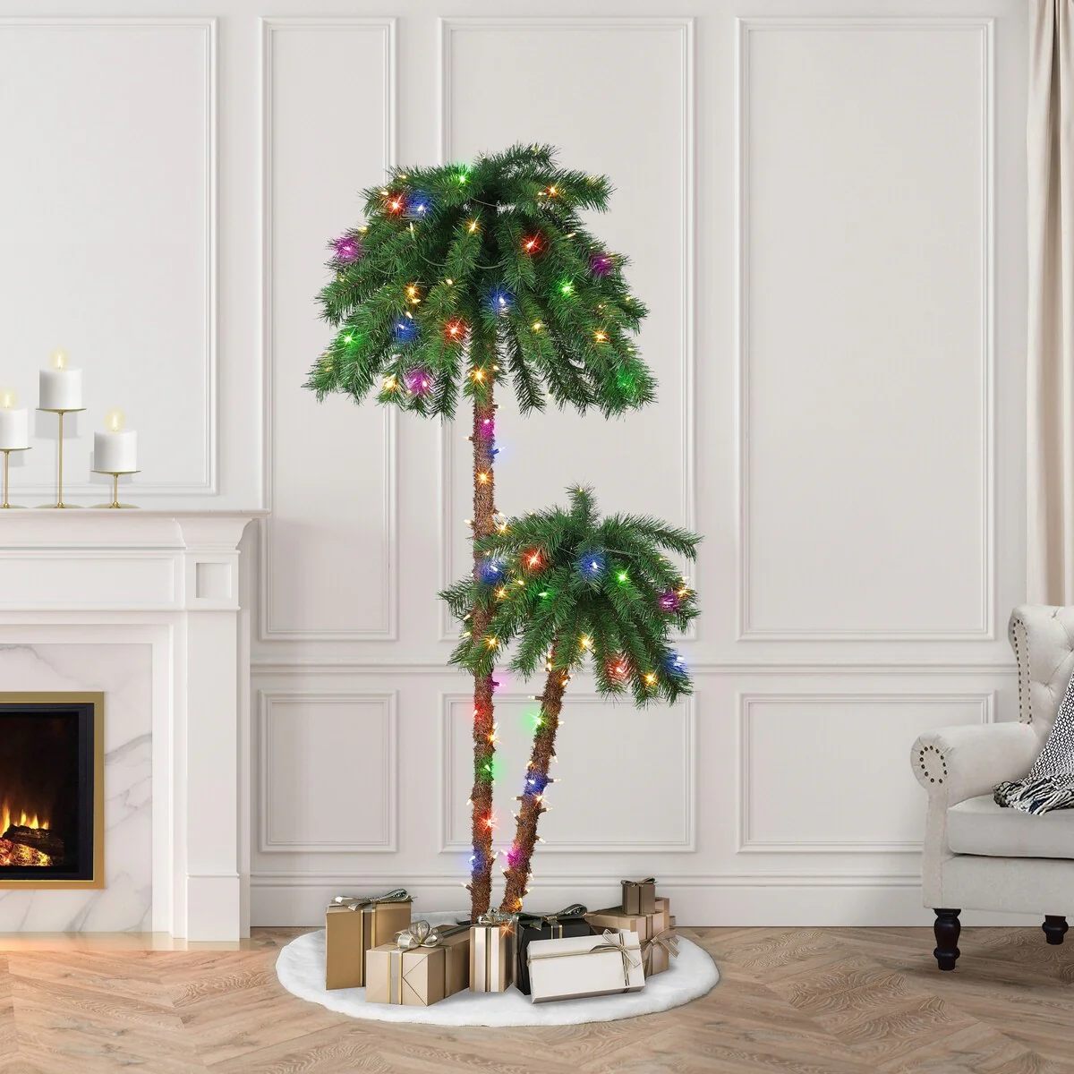 Puleo International 3.5 ft. & 6 ft. Pre-Lit Double Trunk Artificial Palm Tree