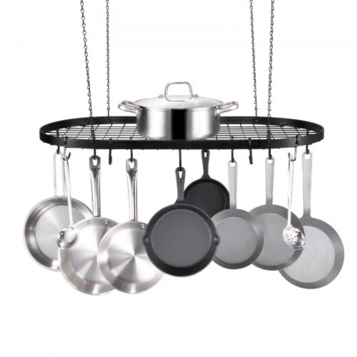 Black Carbon Steel Ceiling Mounted Hanging Pot Rack with S Shaped Hooks Ideal for Home or Restaurant