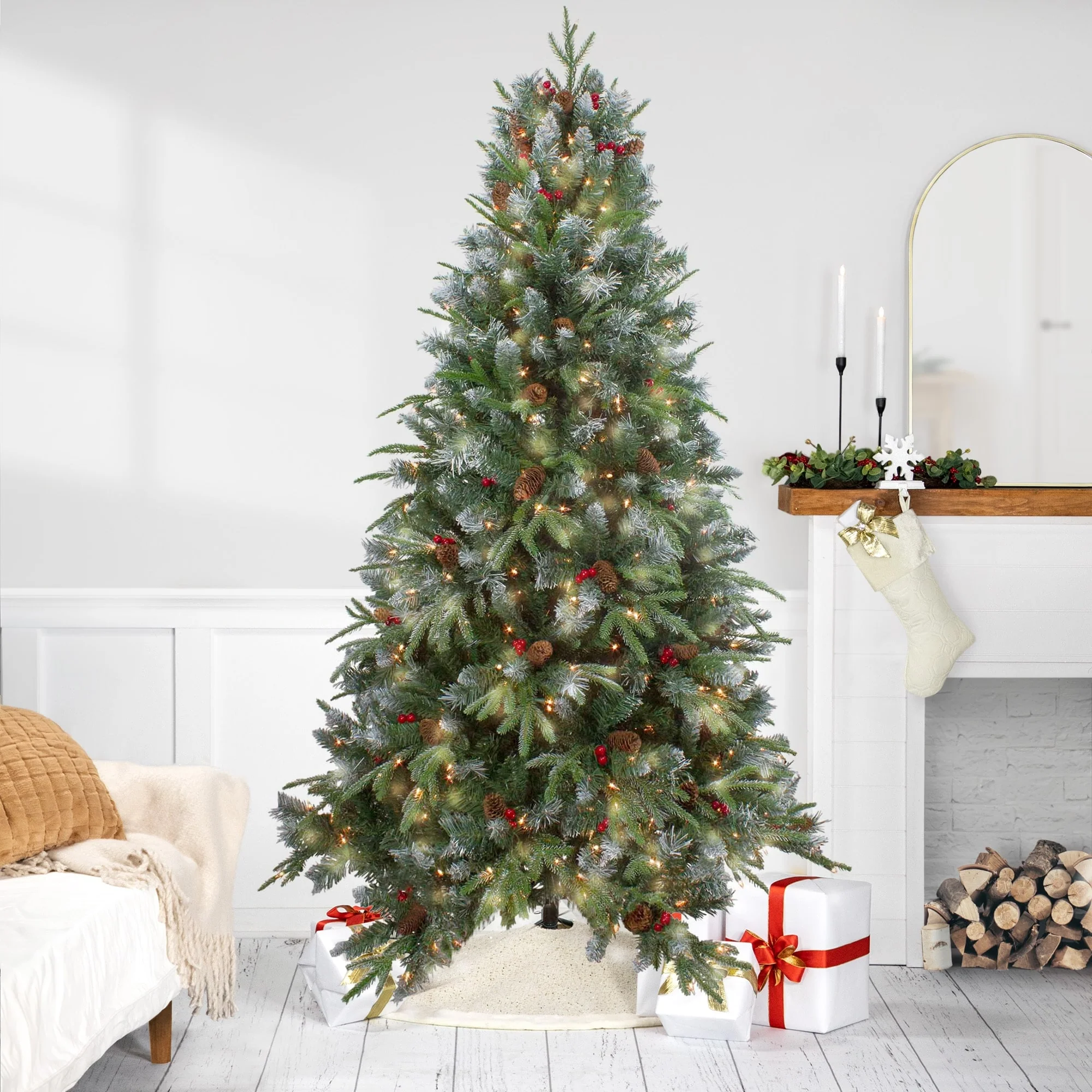 7ft Frosted Mixed Berry Pine Artificial Christmas Tree Clear Lights - 7 Foot