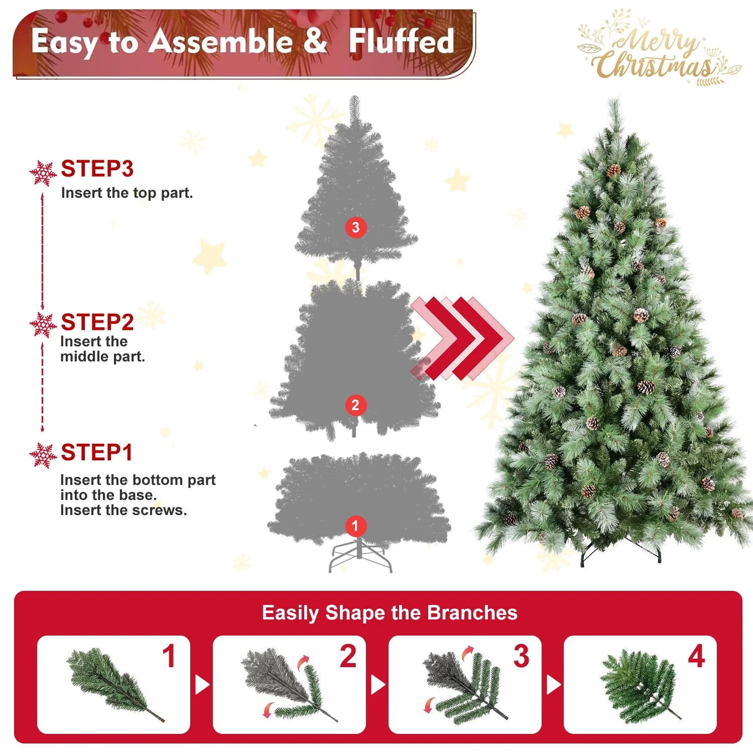 5FT Christmas Tree with 51 Pine Cones-694 Tips,Mixed PVC & Hard Needle Branches, Hinged Structure for Easy Setup