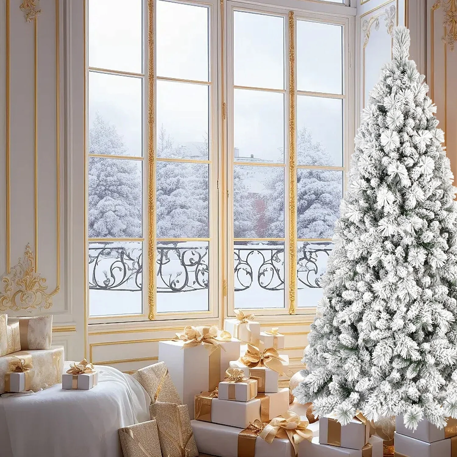 4FT Flocked Christmas Tree with 150 Warm White LED Lights-350Tips,Snowy PVC&Hard Needle Branches,Hinged Design for Easy Setup