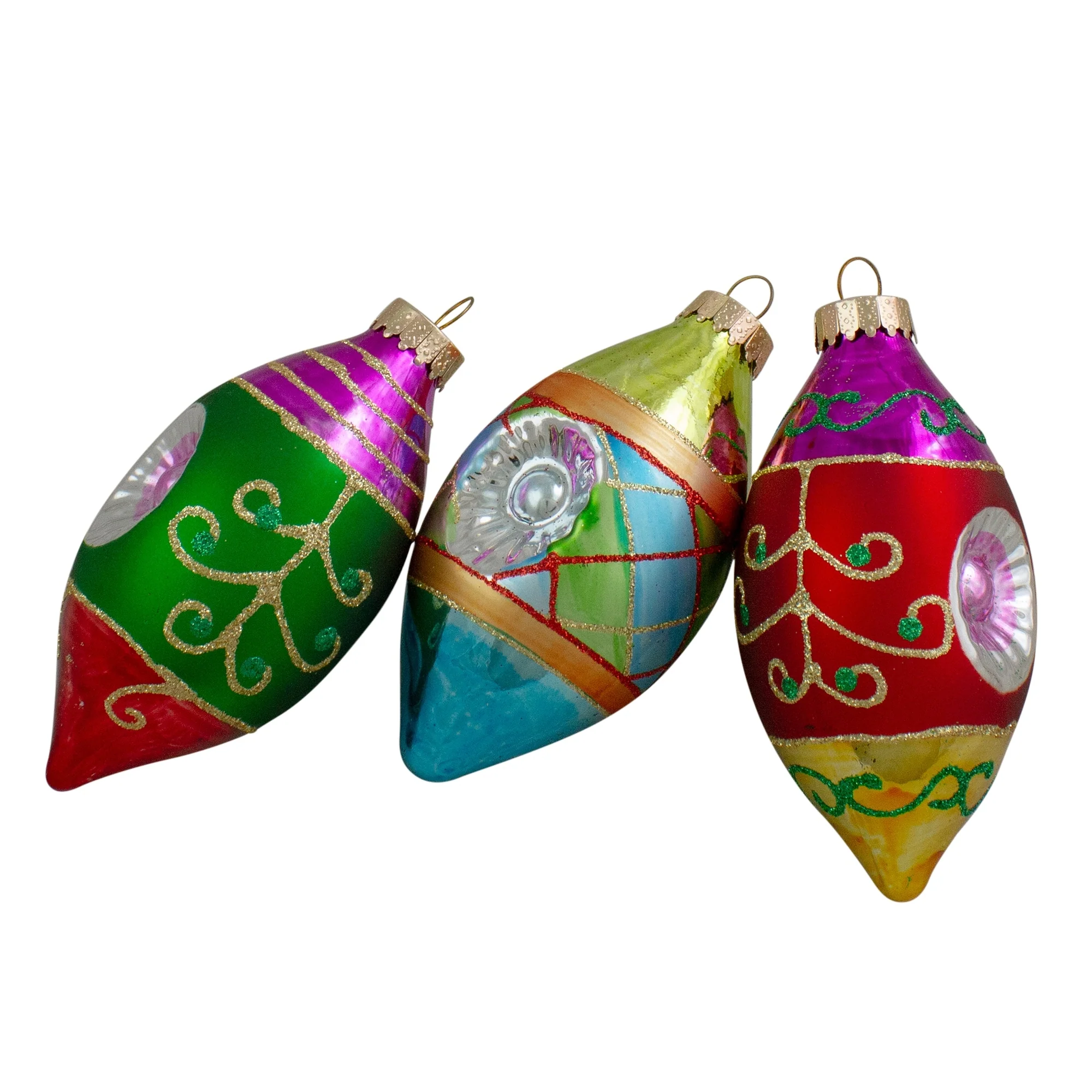 3ct Multi Retro Reflectors Glass Finial Christmas Ornament Set 4.25