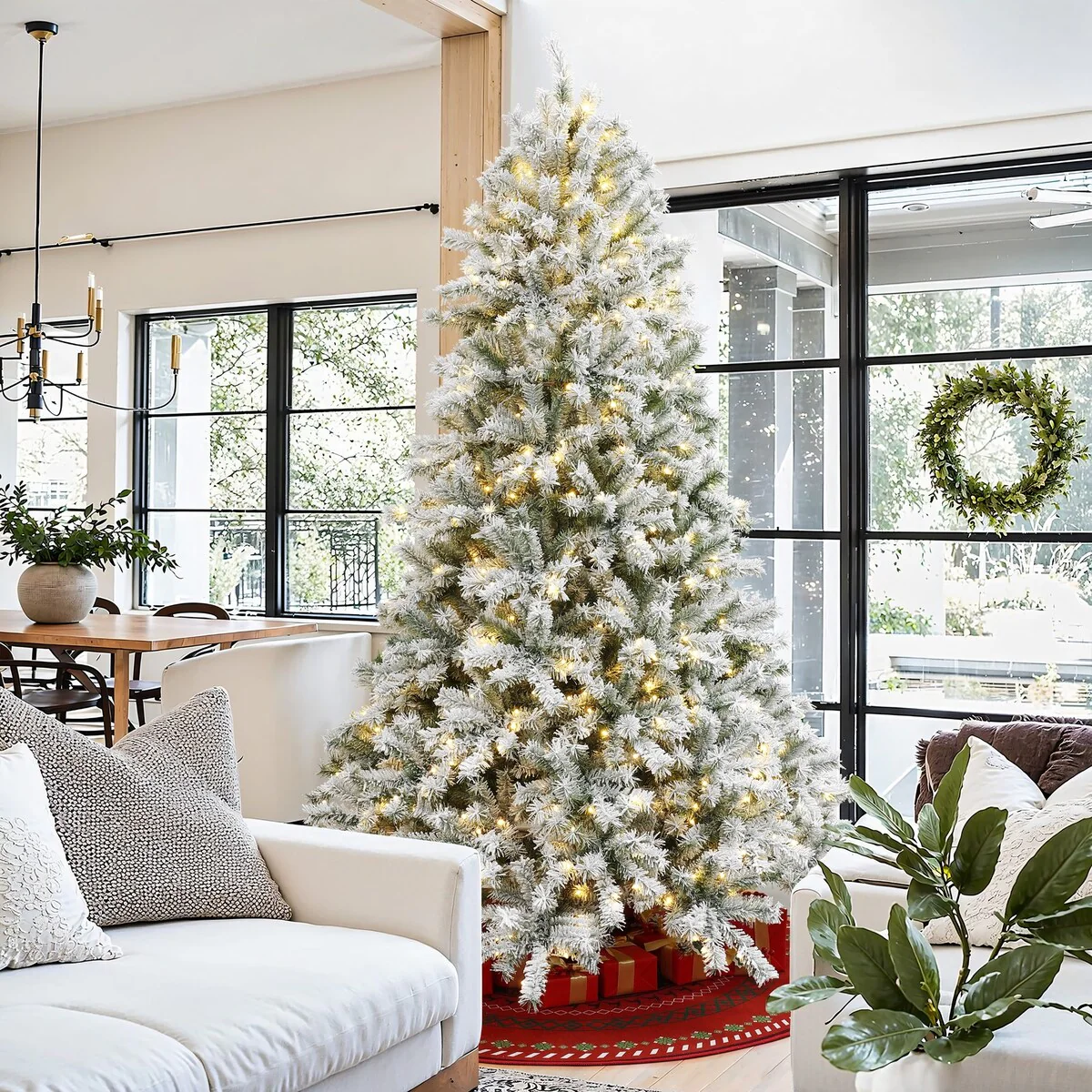 7.5Ft Pre-Lit Hinged Snow Flocked Full Fir Artificial Christmas Tree with 8 Lighting Modes - 90