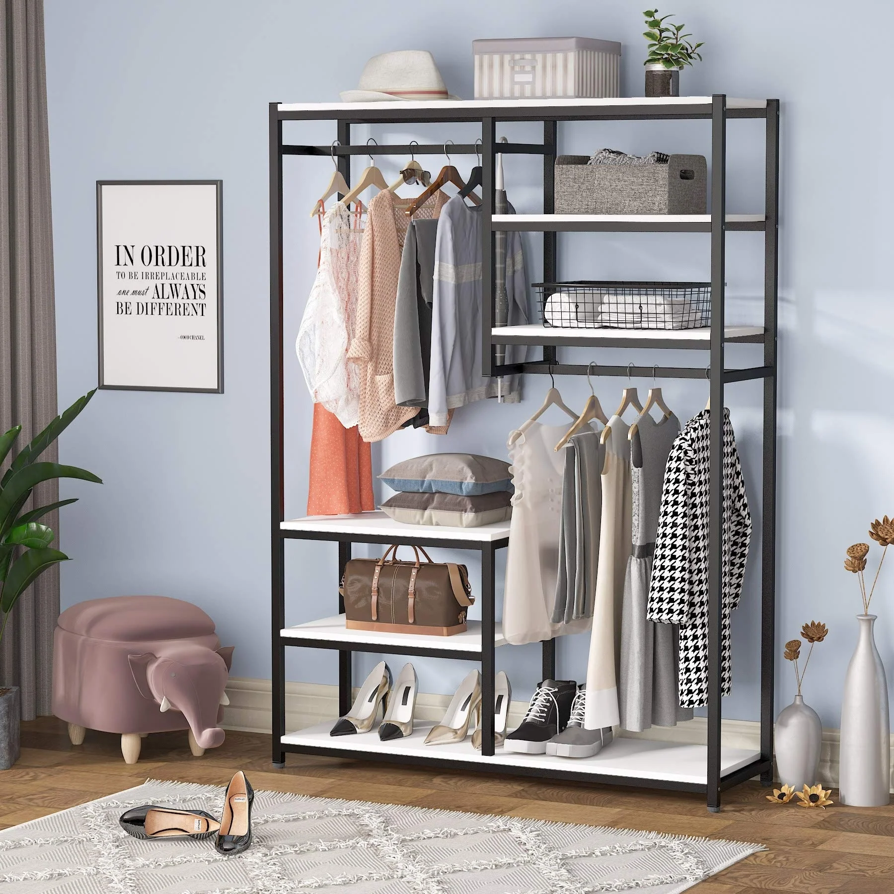 Freestanding Closet Organizer Garment Rack with Hanging Rod and Storage Shelf