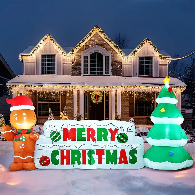 Joyfy 10ft Christmas Inflatable Gingerbread Man & Christmas Tree with Built-in LEDs