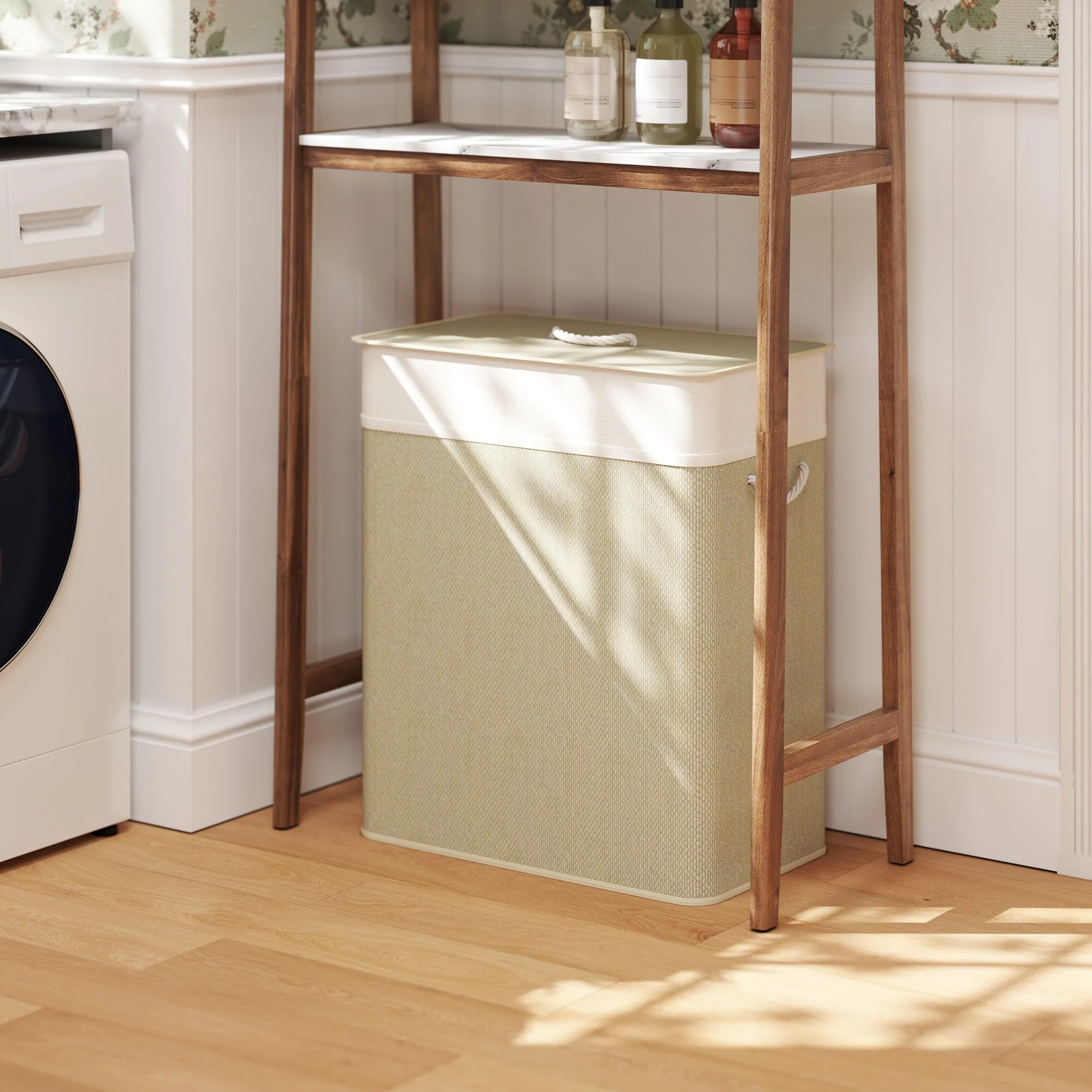 HOMCOM Double Laundry Basket with Lid, 26.4 Gallon Bamboo Laundry Hamper with Rope Handles, Clothes Hamper with Removable Liner