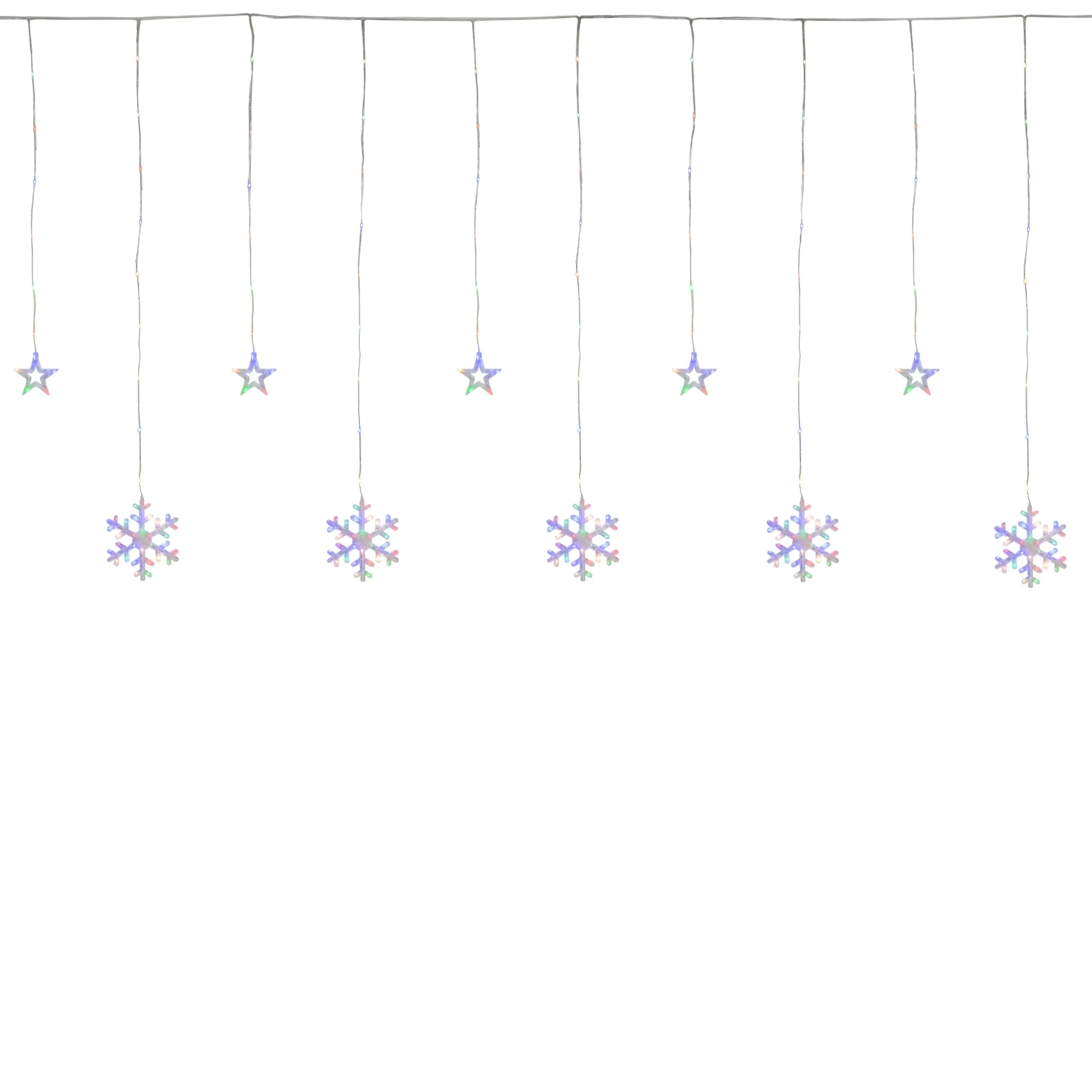 250 Multi LED Star Snowflake Window Curtain Lights 16ft Clear Wire
