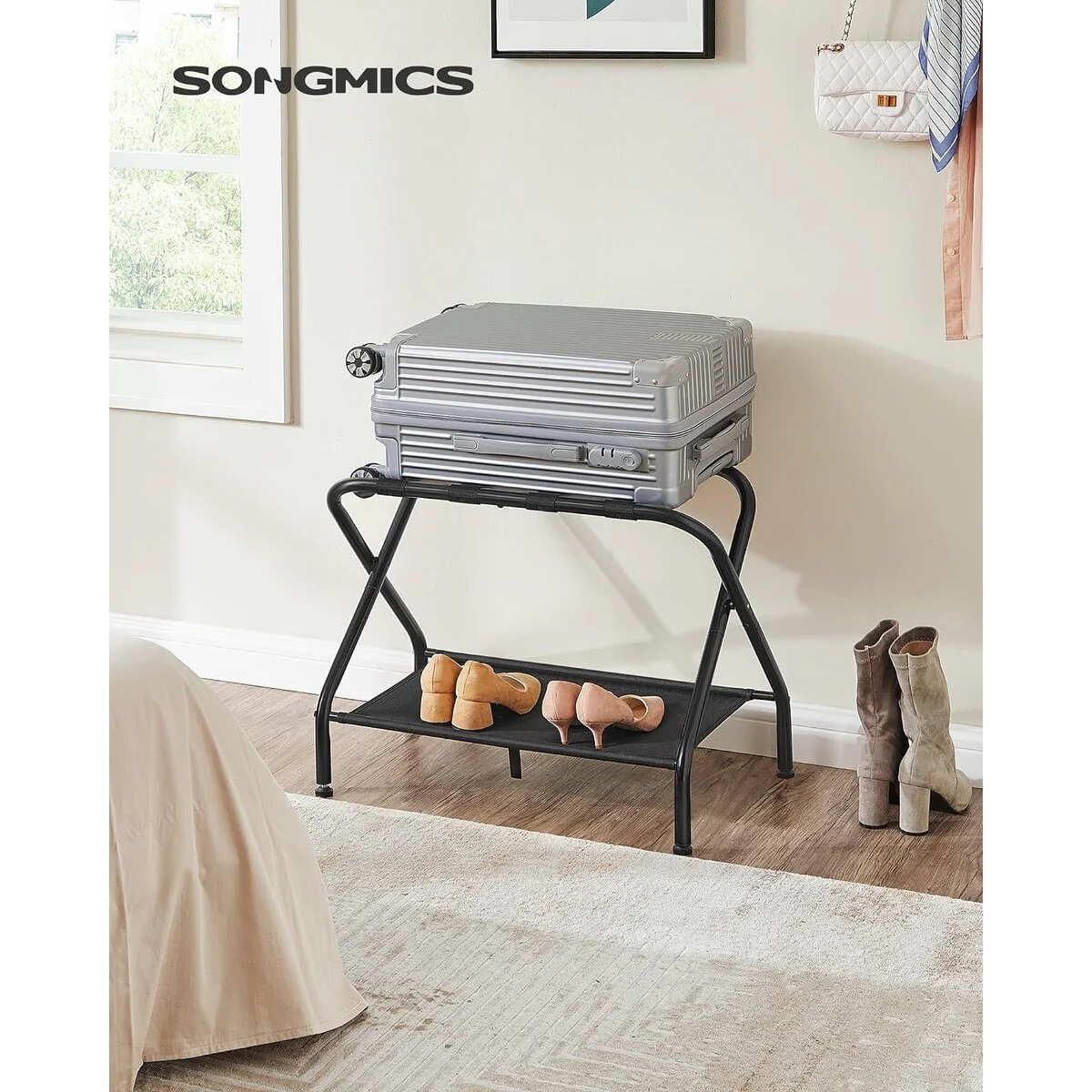 SONGMICS Luggage Rack Suitcase Stand with Fabric Storage Shelf for Guest Room Bedroom Hotel Foldable Black