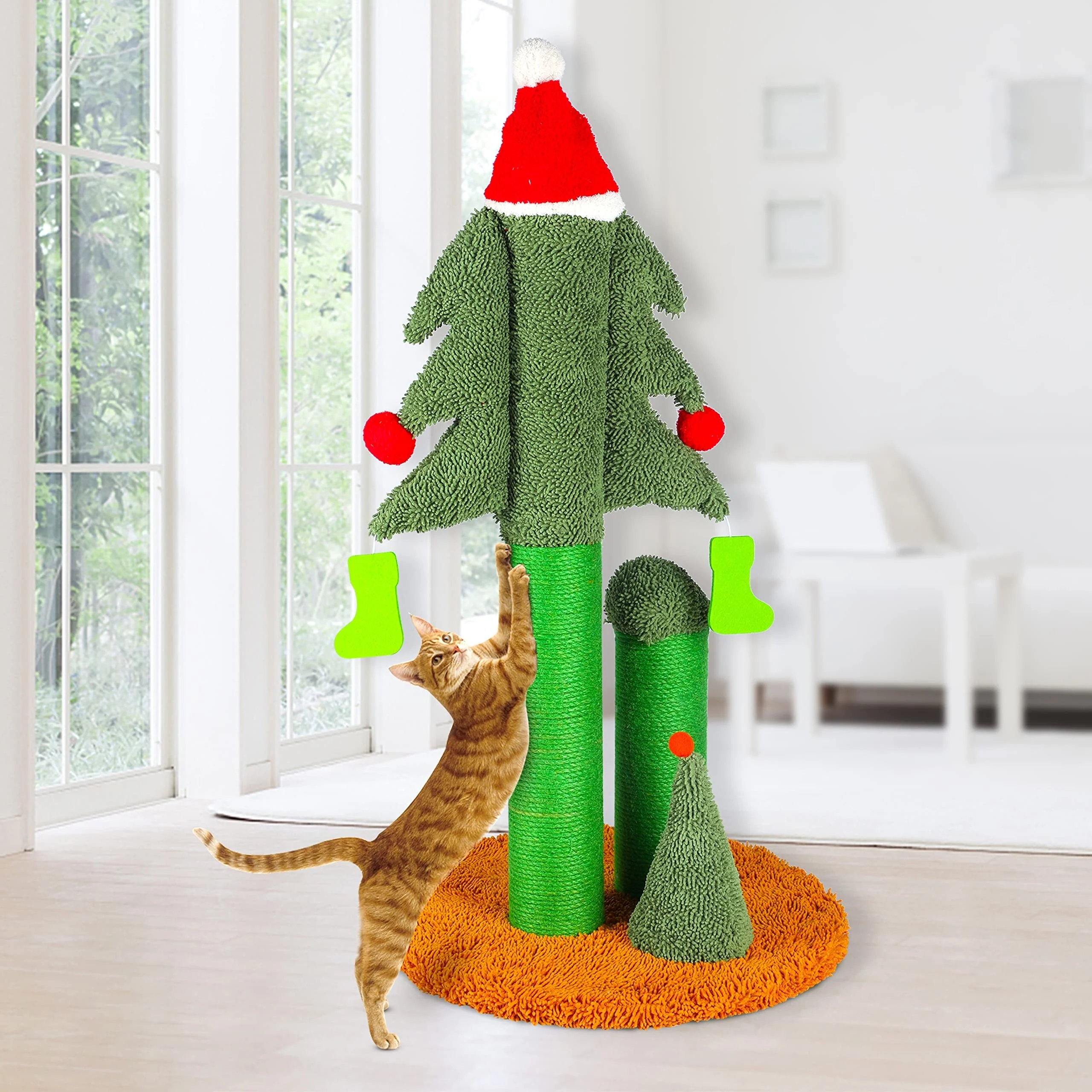 Tall 32'' Christmas Tree Cat Scratcher with 3 Posts and Sisal Rope
