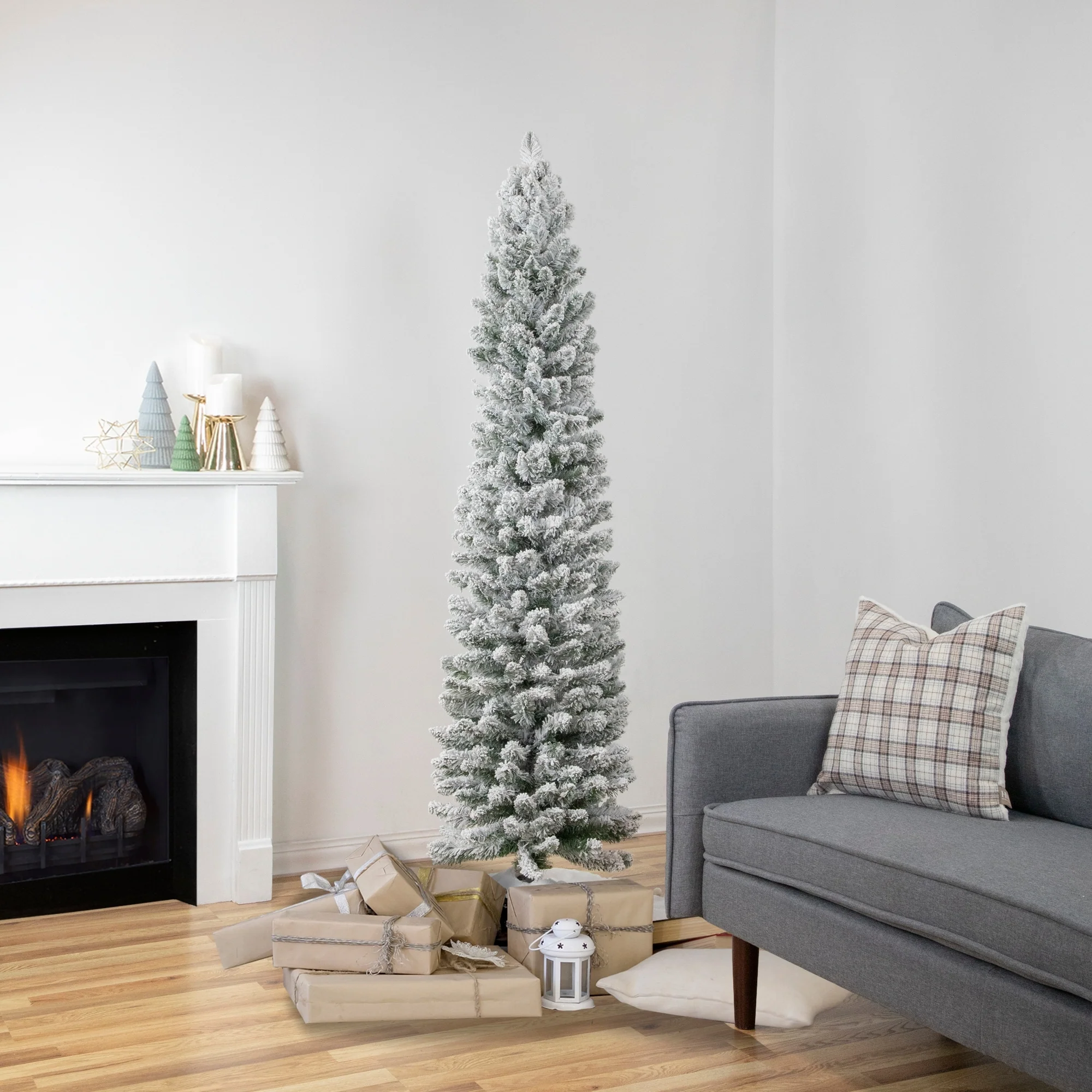 6' Flocked North River Pine Pencil Artificial Christmas Tree, Unlit - 6 Foot