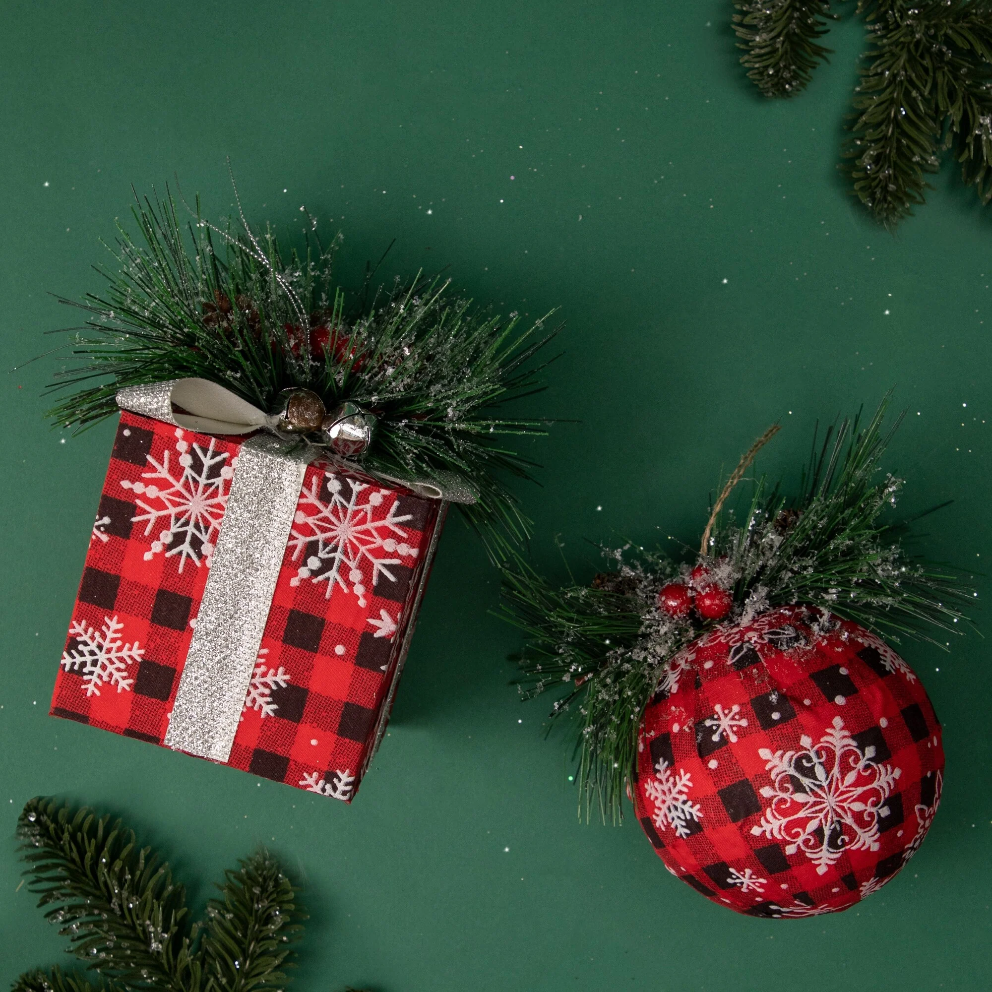 Buffalo Plaid and Pine Needle Snowflake Christmas Ball Ornament - 5.5