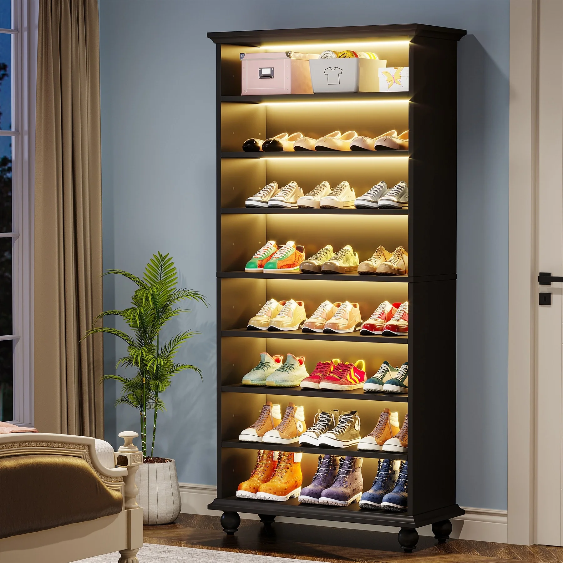 Narrow Tall Shoe Storage Cabinet with LED Lighting for Entryway - 9-Tier