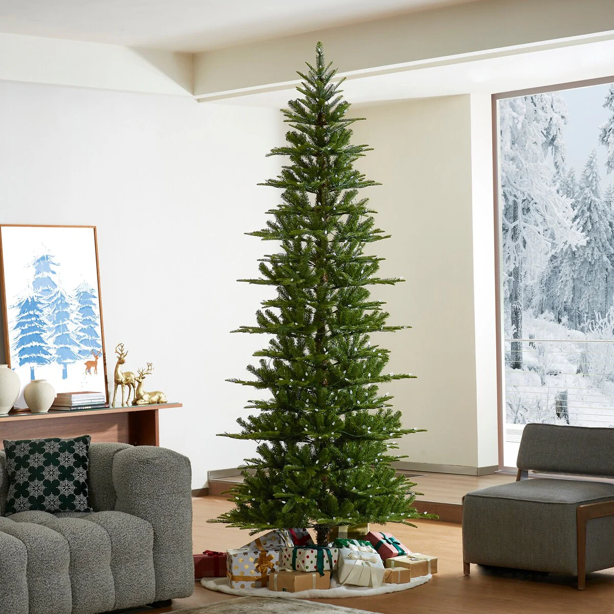 Glitzhome 7.5ft/9ft Pre-Lit Evergreen Slim Fir Artificial Christmas Tree With Strawberry Lights