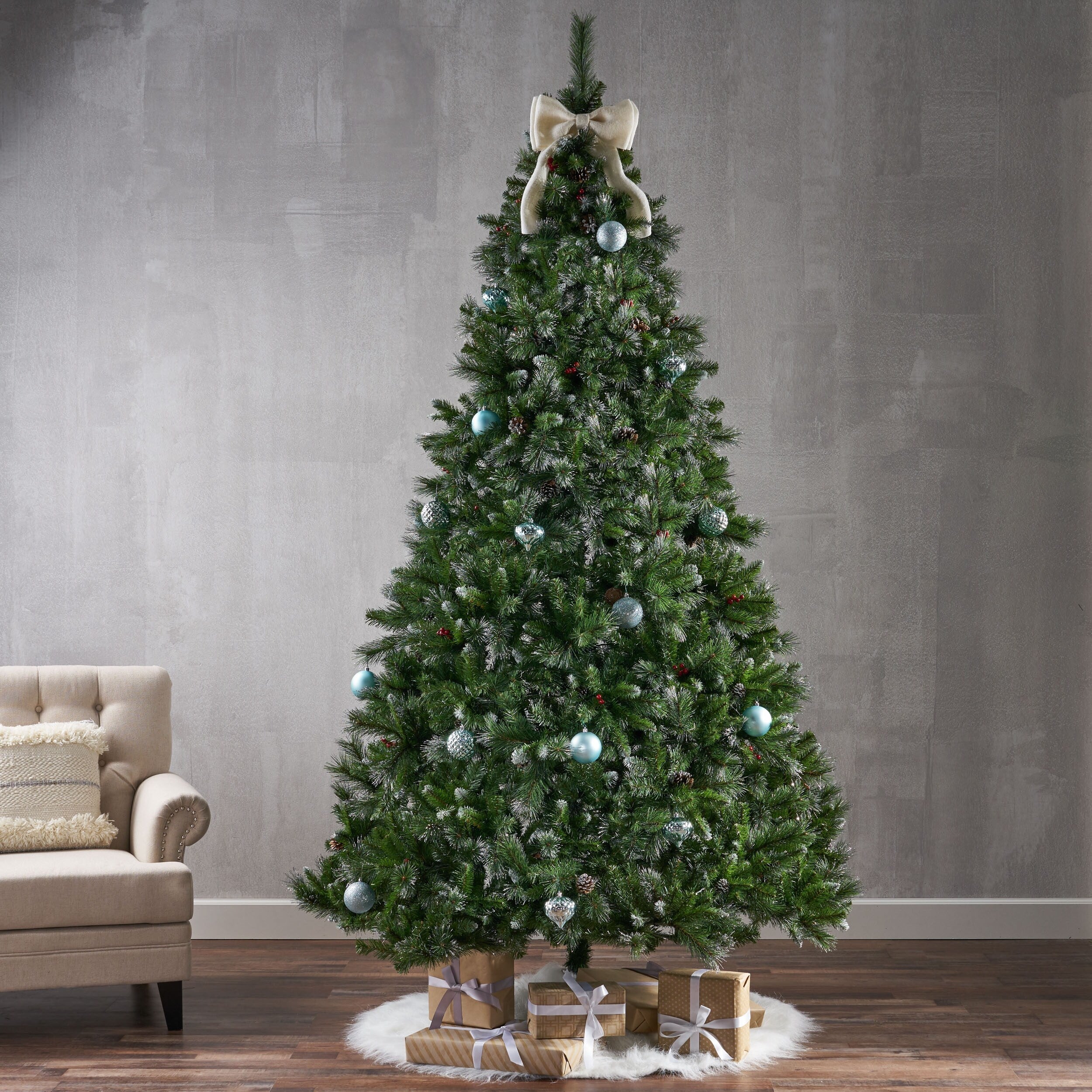 9-Foot Unlit Artificial Christmas Tree, Glitter Bristle with Pine Cones & Red Berries, Metal Stand Included