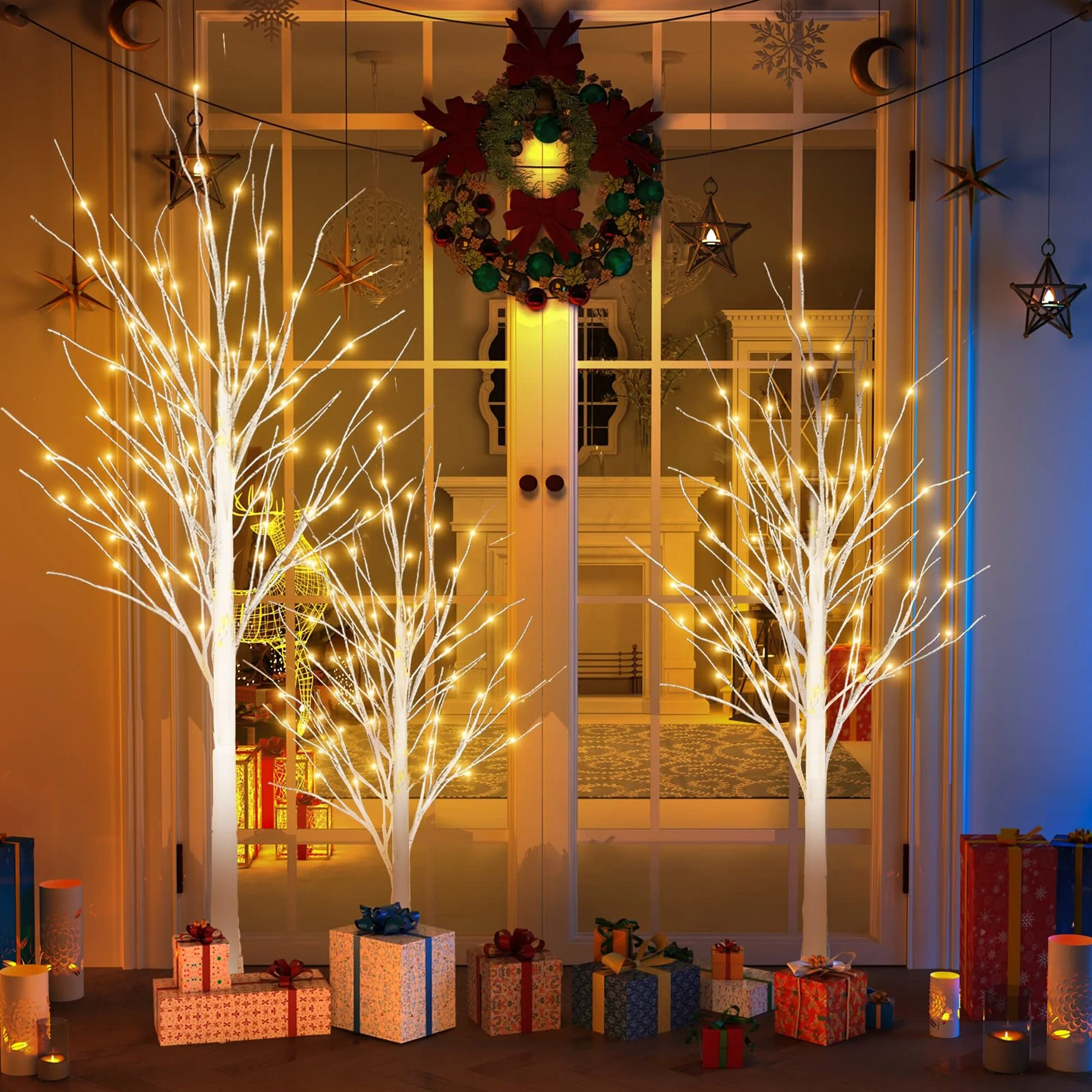 4FT & 5FT & 6FT Birch Christmas Tree Set, LED Lighted, Pack of 3 - Light Trees Set of 3