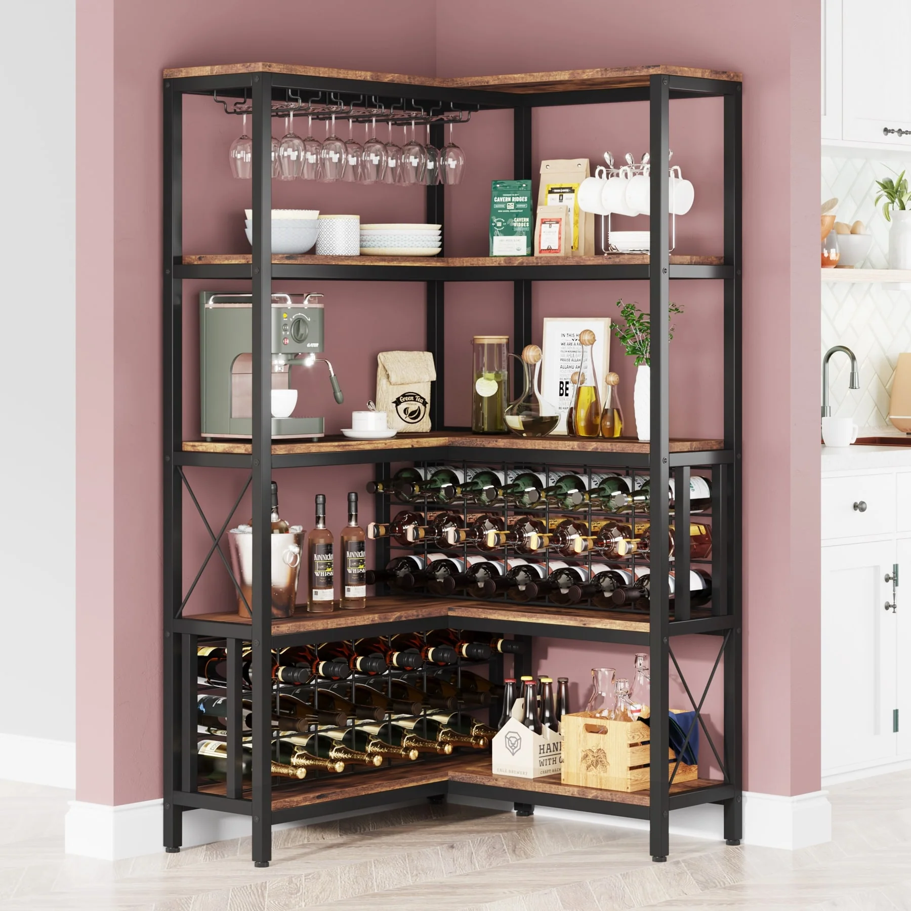 Large Corner Wine Rack L Shaped Floor Bar Cabinets for Liquor and Glasses Storage