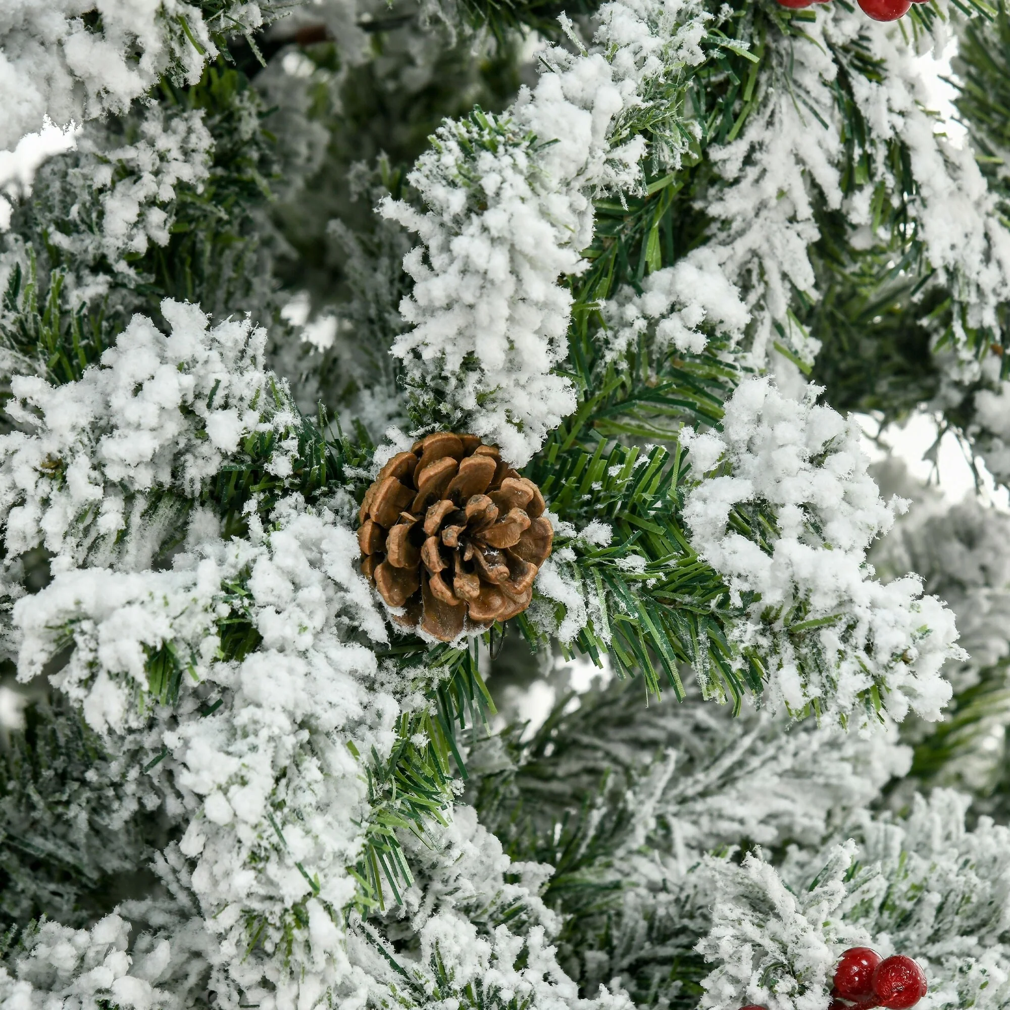 Pencil Snow Flocked Artificial Christmas Tree With Pine Realistic Branches, Pine Cones, Red Berries, Auto Open, Green
