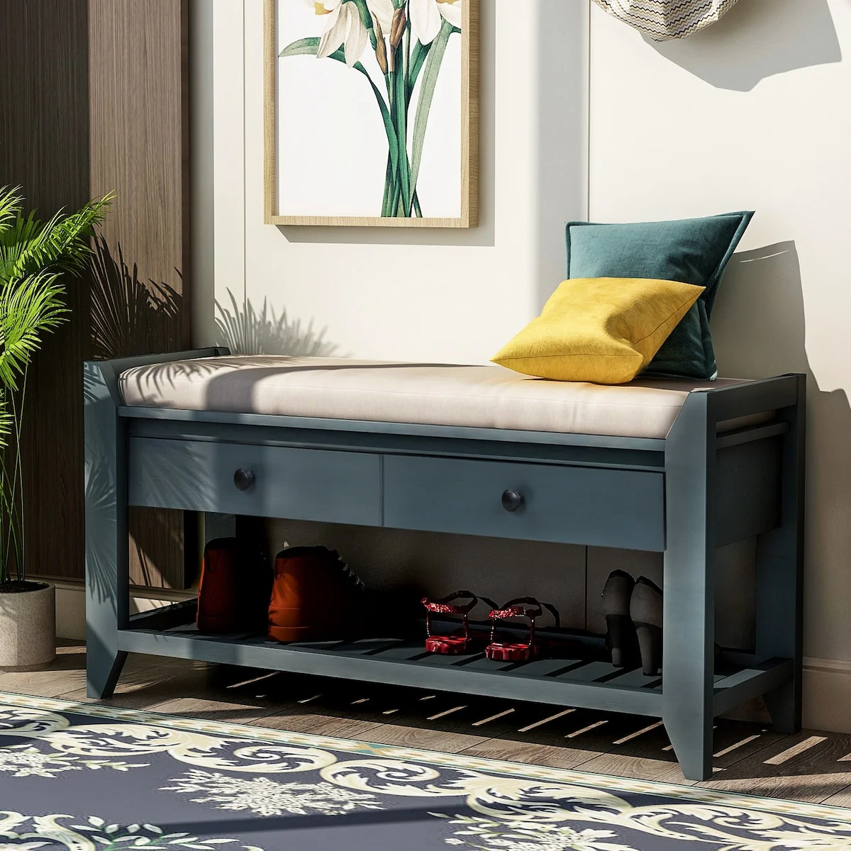Modern Multipurpose Entryway Storage Bench With Upholstered Seat and Drawers