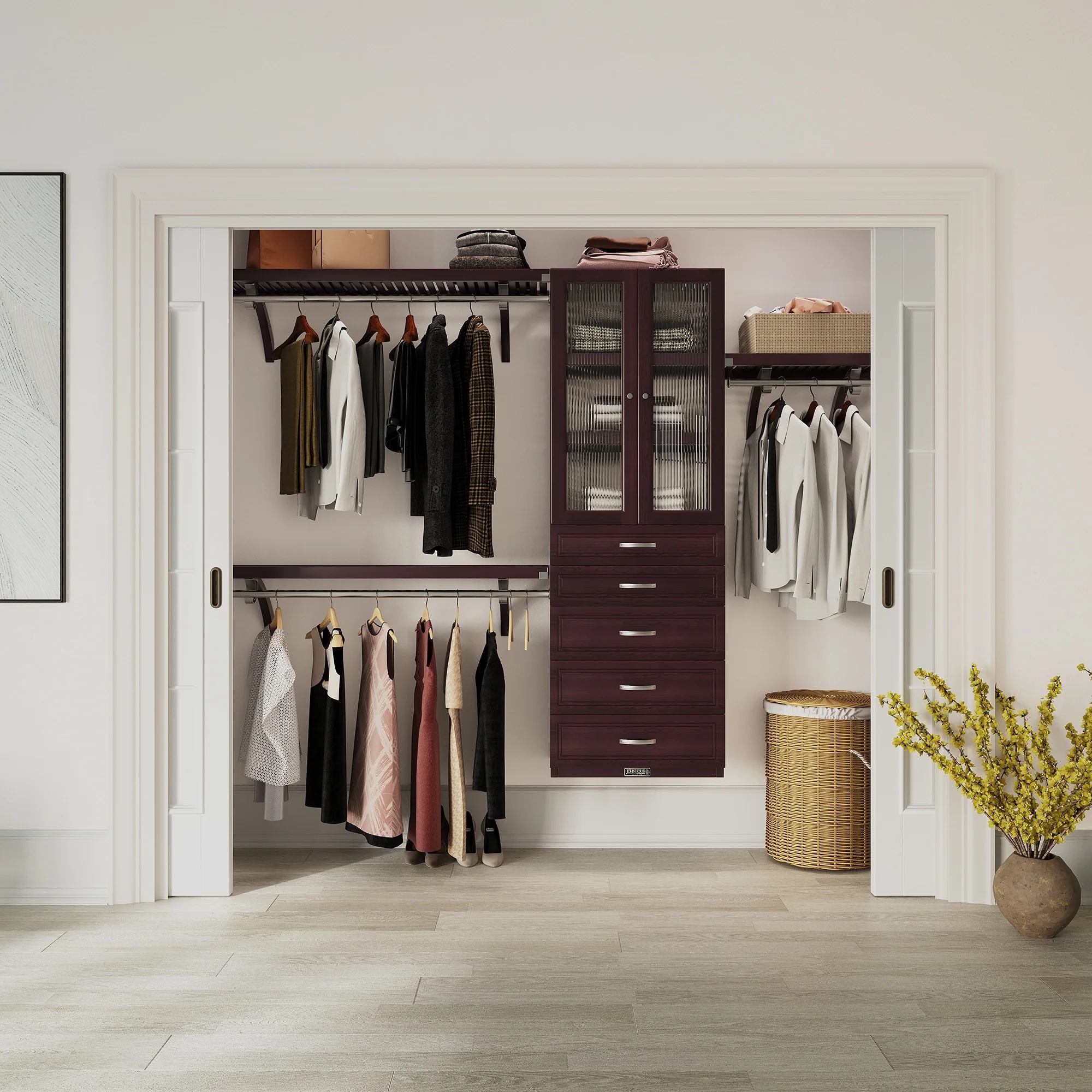 John Louis Home Solid Wood Reach-In Closet System with 5-Drawers and Doors Espresso