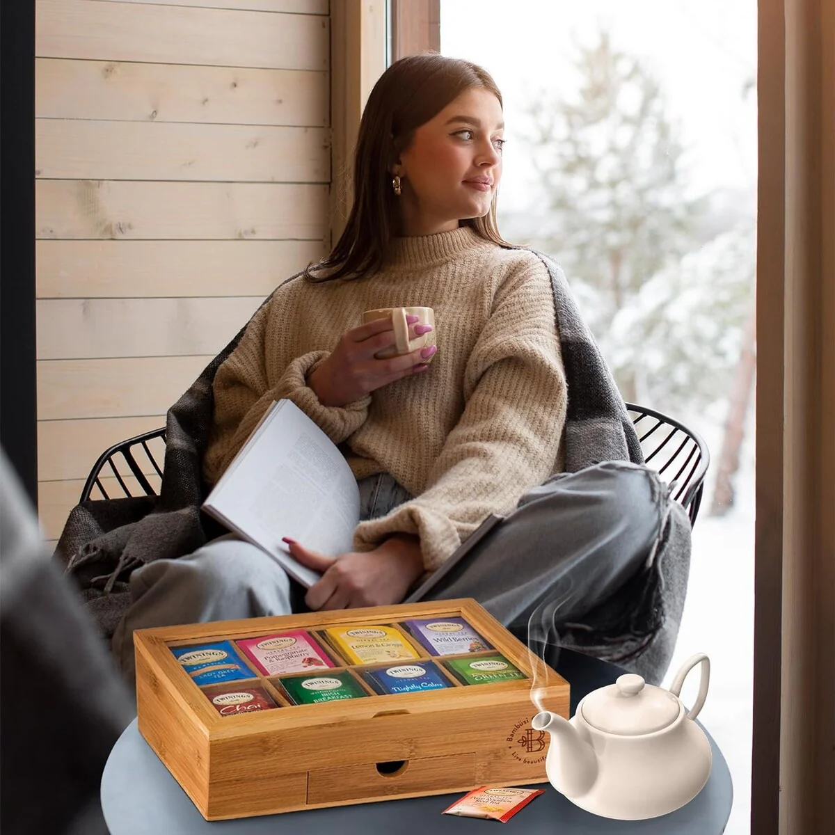 Tea Bag Organizer - Tea Organizer: Wooden Tea Box with 8 Compartments, Acrylic Window, and Magnetic Lid, Made of Bamboo