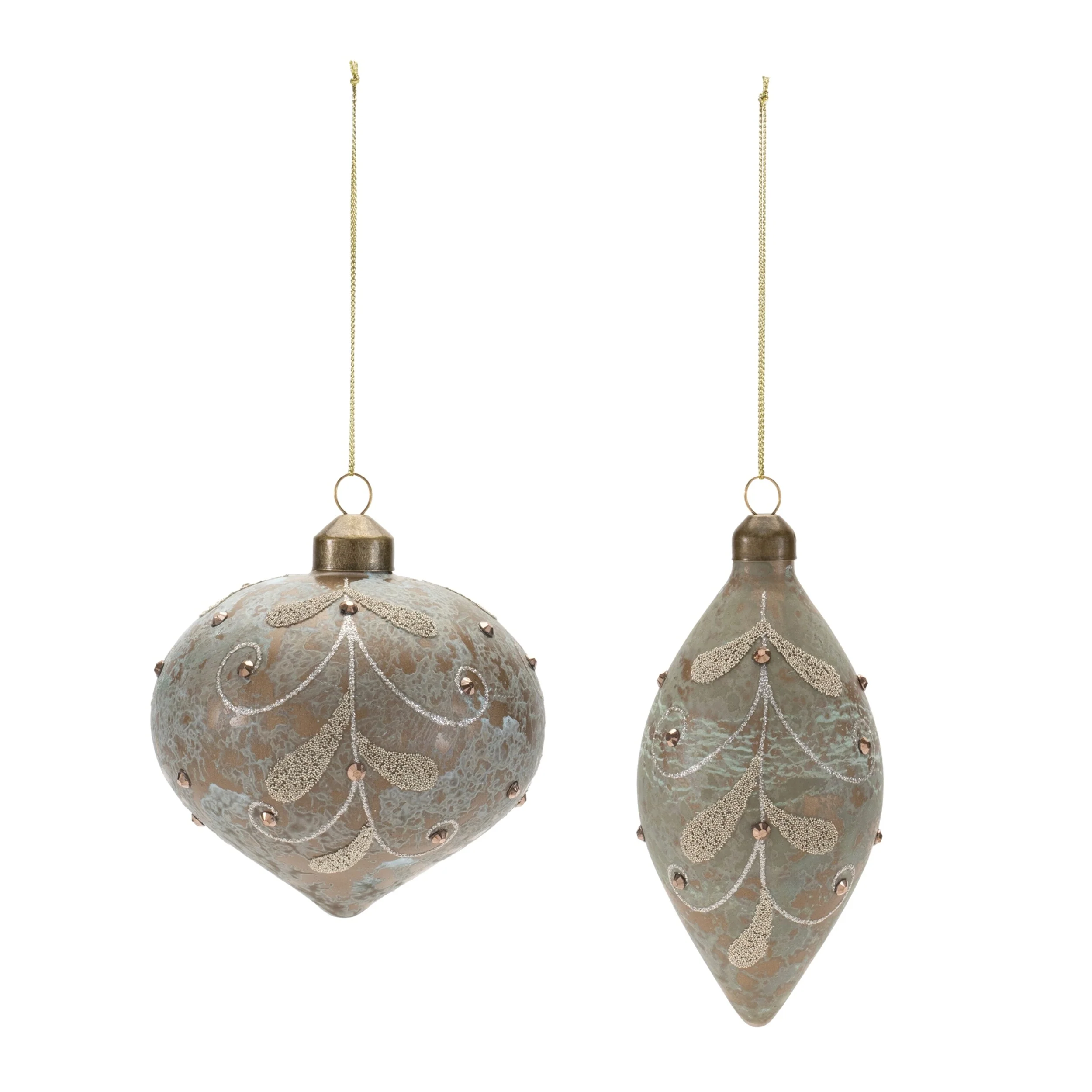 Grey Glass Beaded Onion and Oblong Ornaments Set of 12 Rustic Holiday Decor - 3.5” x 3.5” x 4” (L x W x H)