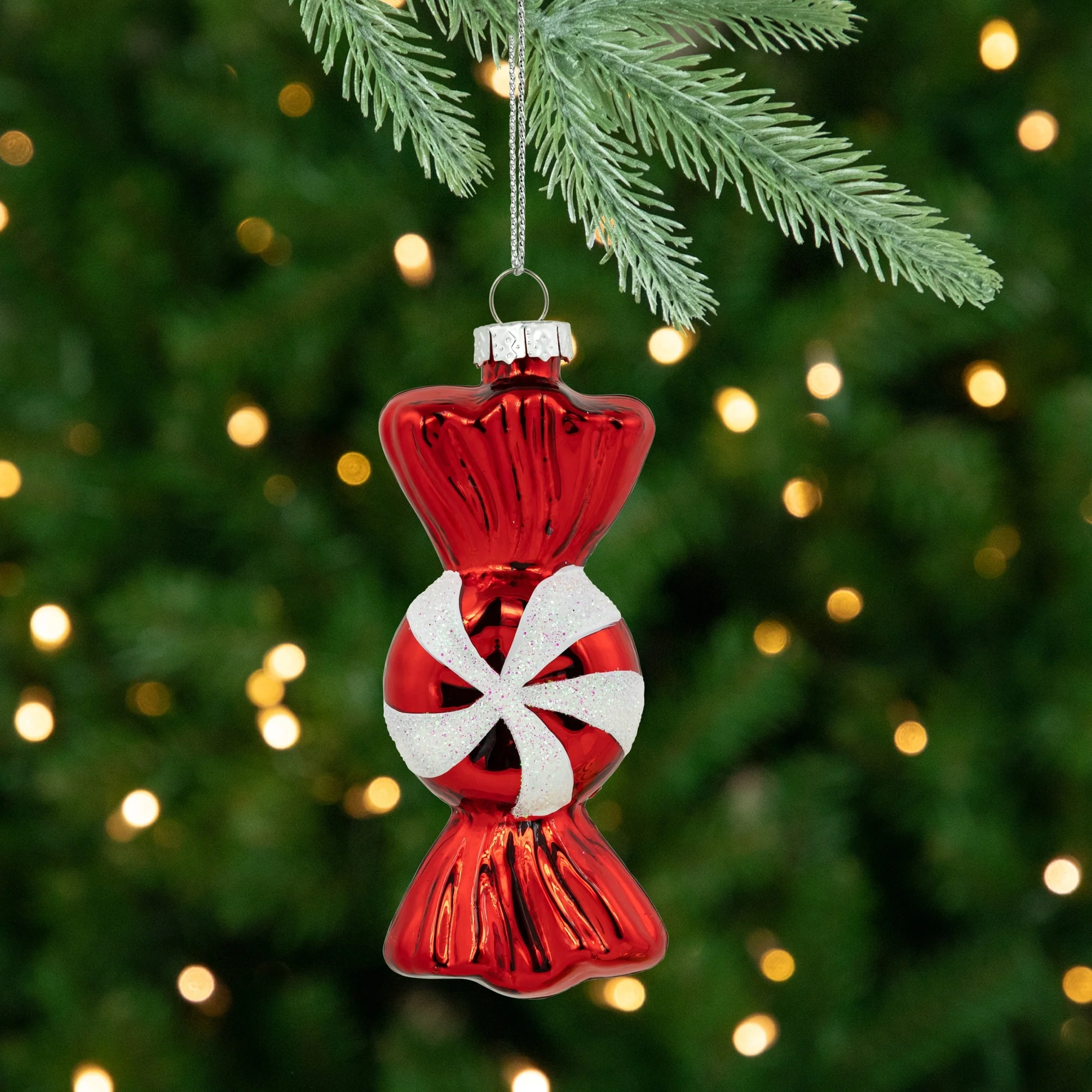 Set of 2 Shiny Red White Glittered Candy Christmas Glass Ornaments 4
