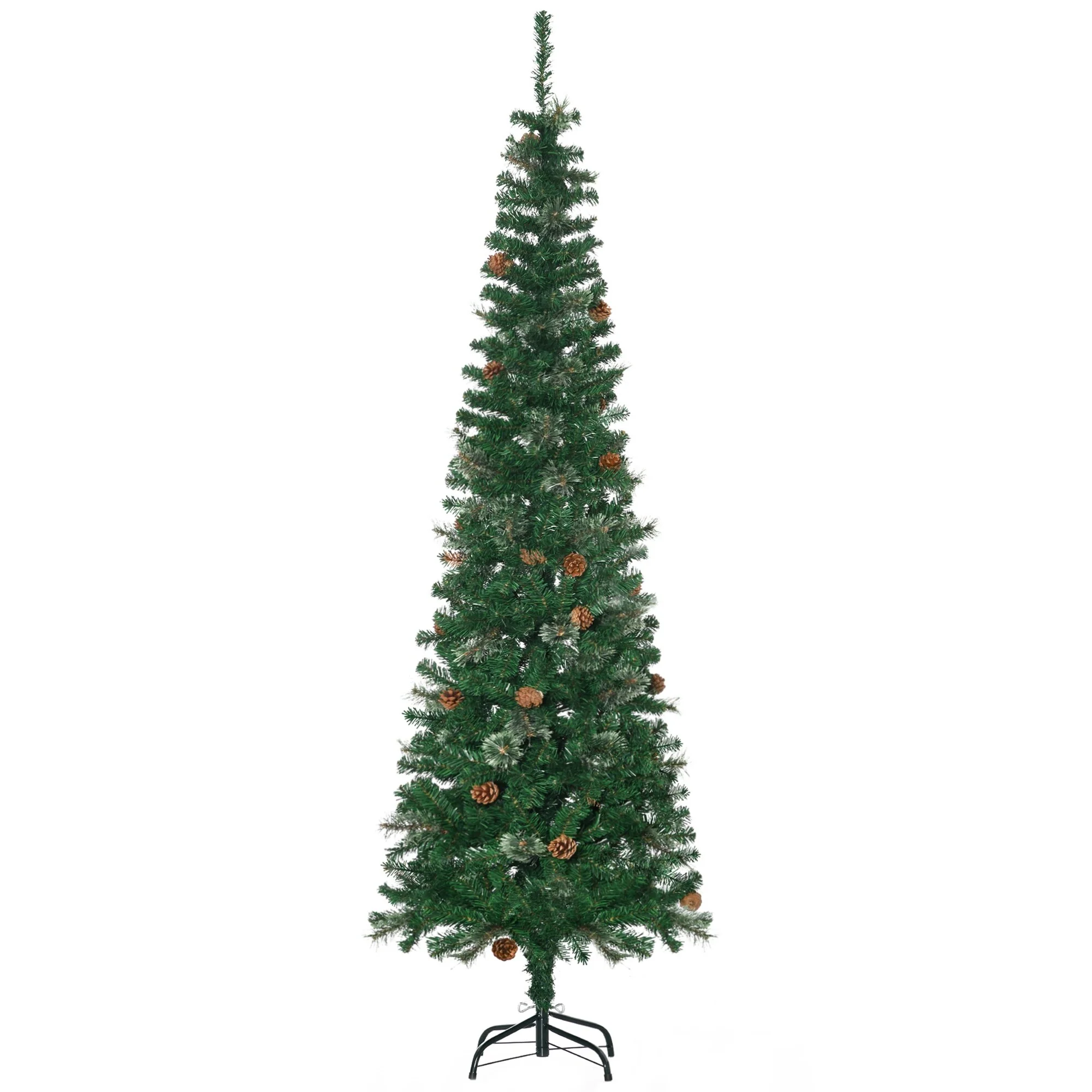 6.5' Slim Pine Needles Christmas Tree, Unlit Artificial Xmas Tree with Pine Cones, Green