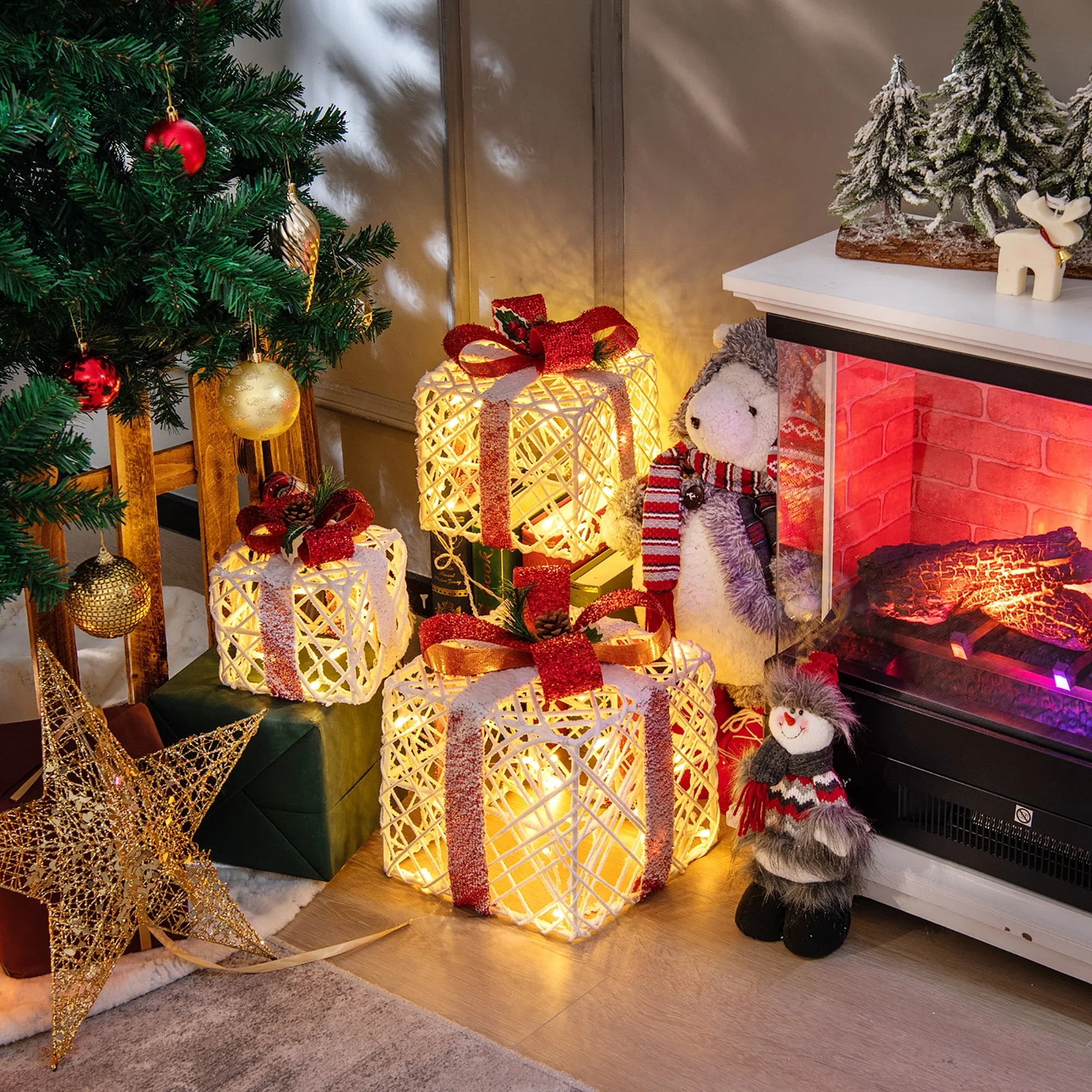 Gymax Set of 3 Christmas Present Boxes Festival Lighted Decor Boxes w