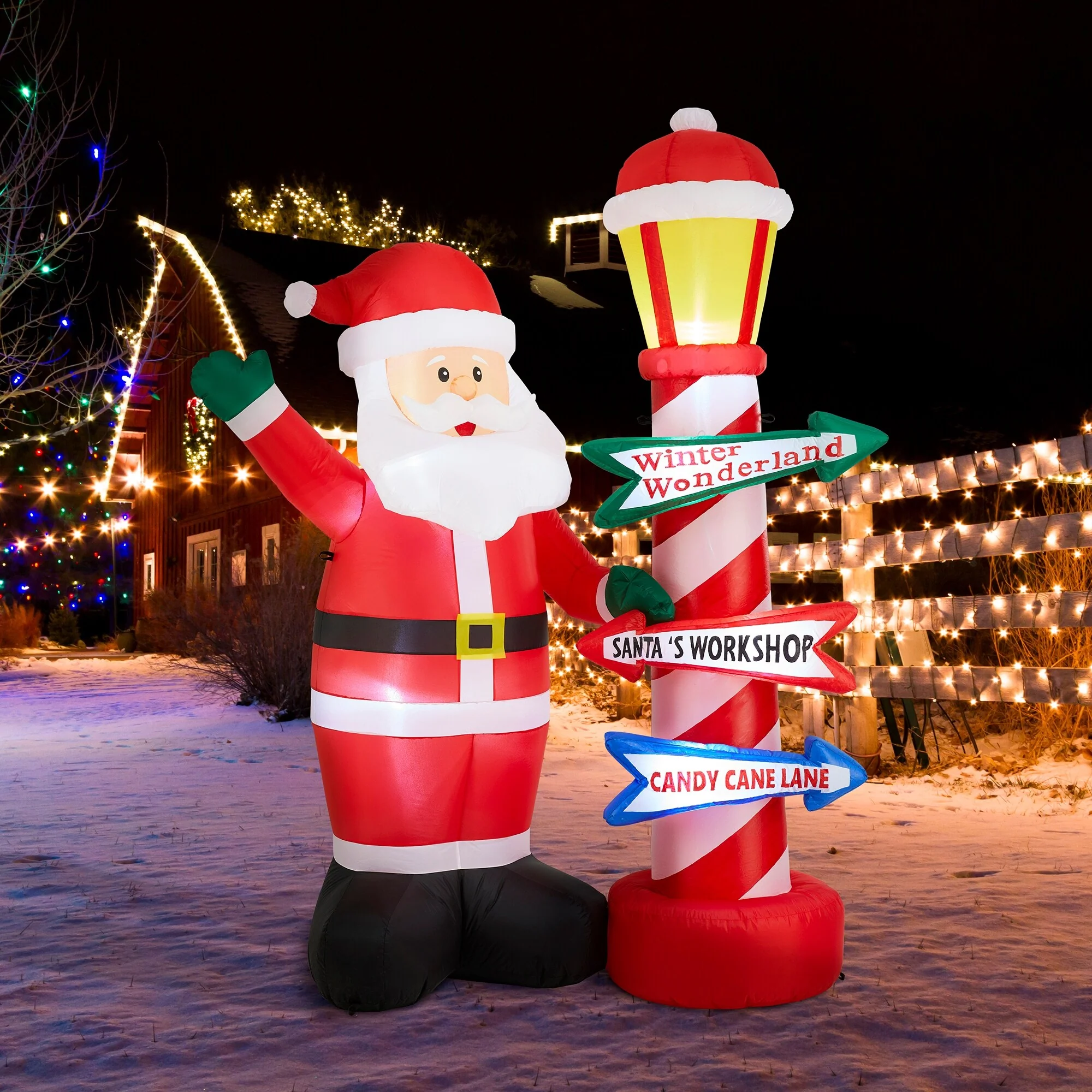 Glitzhome 7FT Lighted Inflatable Santa with Lamp Post Sign Decor