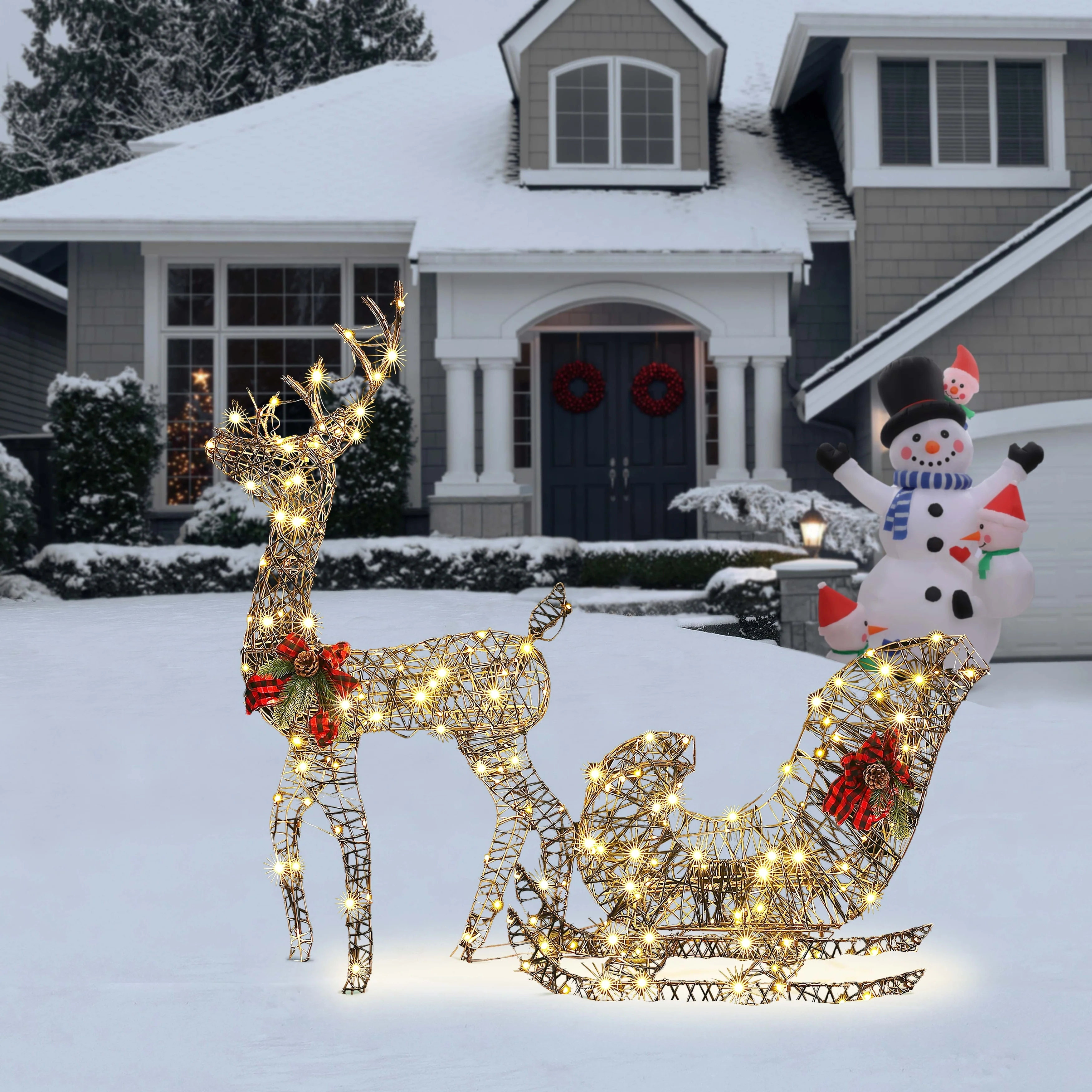 Reindeer and Sleigh Outdoor Holiday Decoration Set with Lights - Brown
