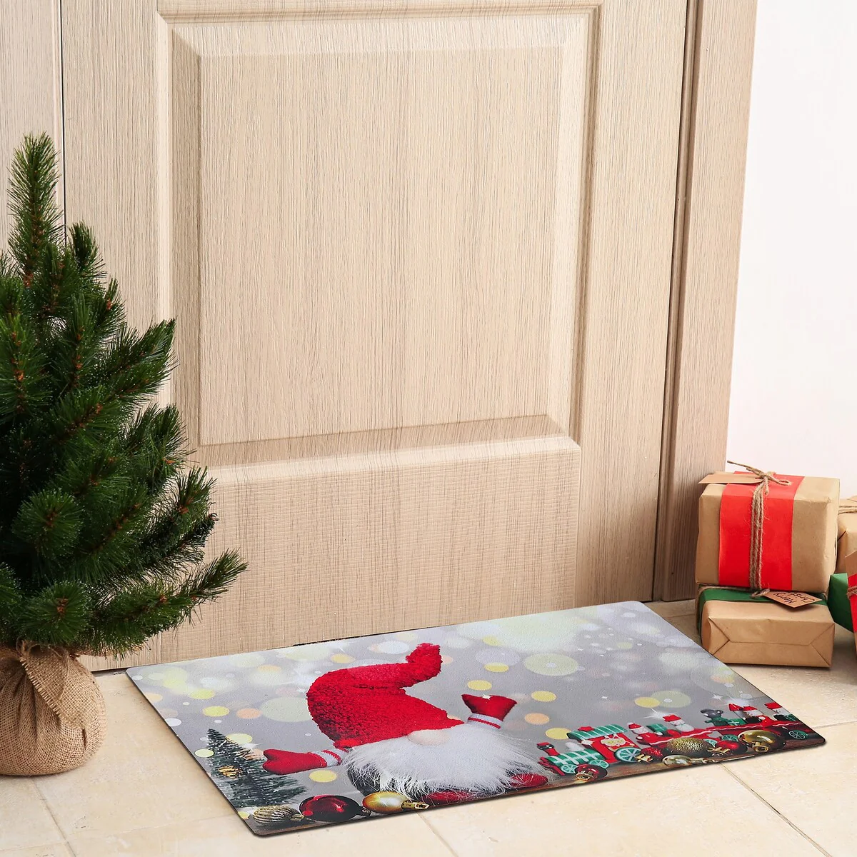 Christmas Printed Rubber Mat Gnome With Train