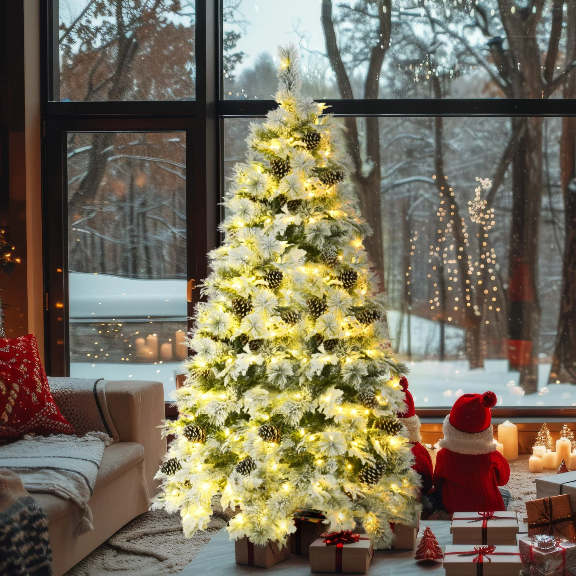 6FT Pre-Lit Spruce Snow Flocked Christmas Tree with Pine Cones,403 Branch Tips,250 Multi-Color LED Lights,11 Flashing Modes