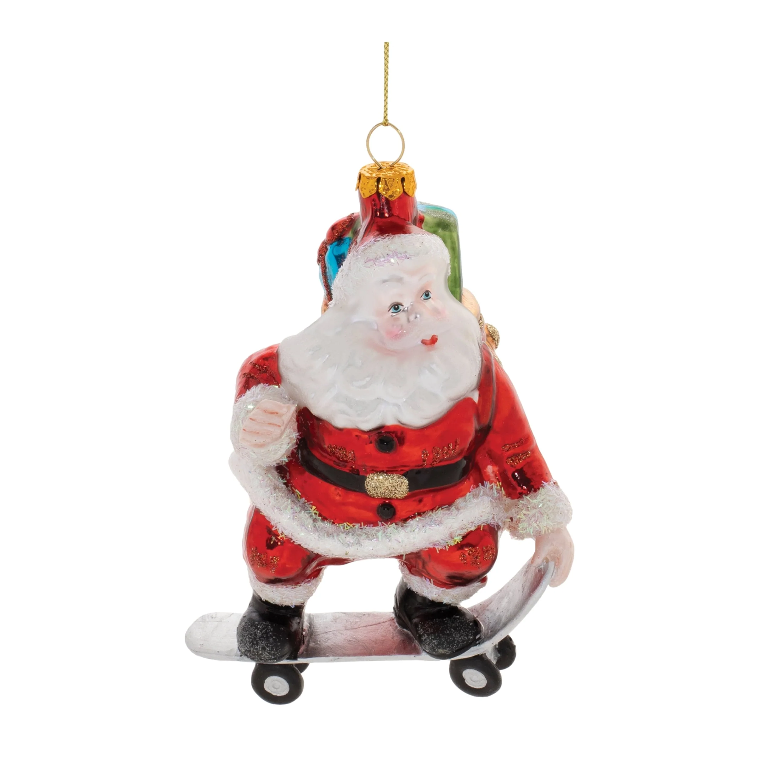 Set of 6 Red White Santa Skateboarding Ornaments Glass and Polyresin Holiday Decor with Glitter Finish - 4”L x 3”W x 5.5”H