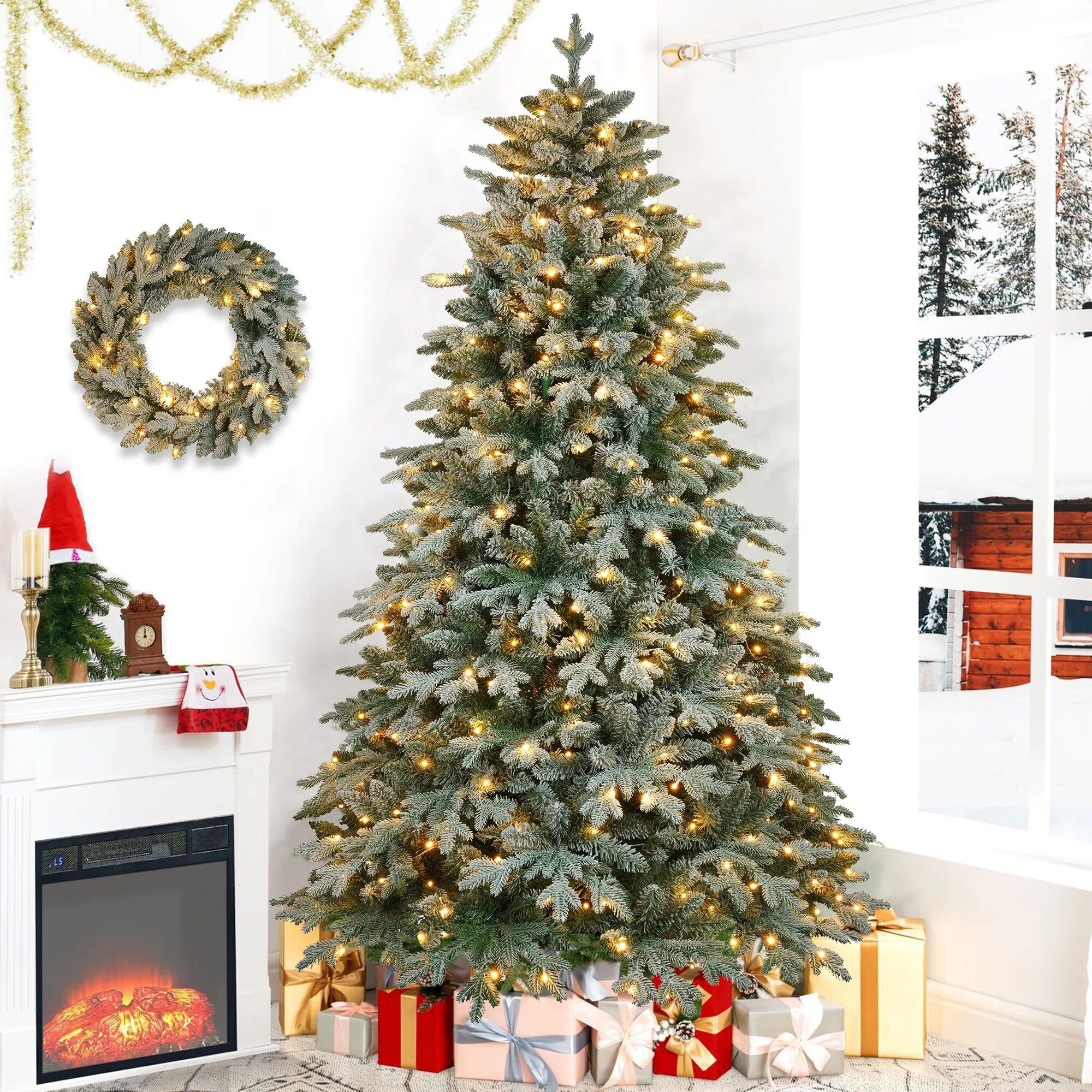 7ft Artificial Christmas Tree with 380 LED Lights, Wreath Set for Home Decor