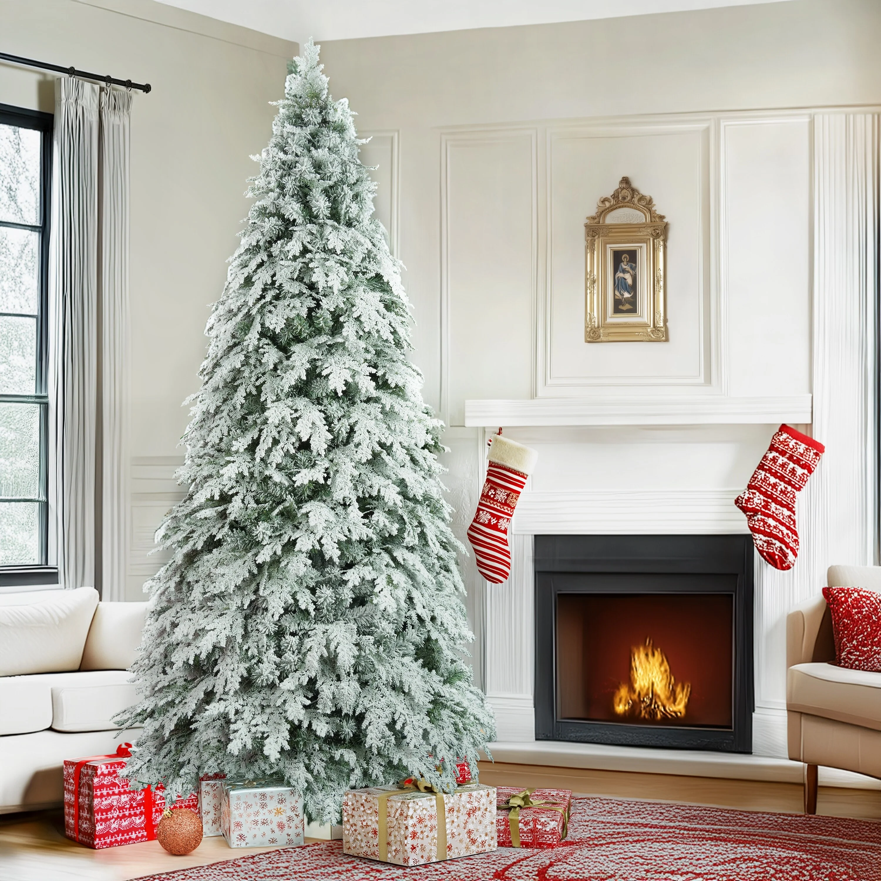 Premium 7.5ft Christmas Tree with LED Lights, 1200 Branches and Snow Flocking, Fake Xmas Tree for Christmas Decorations